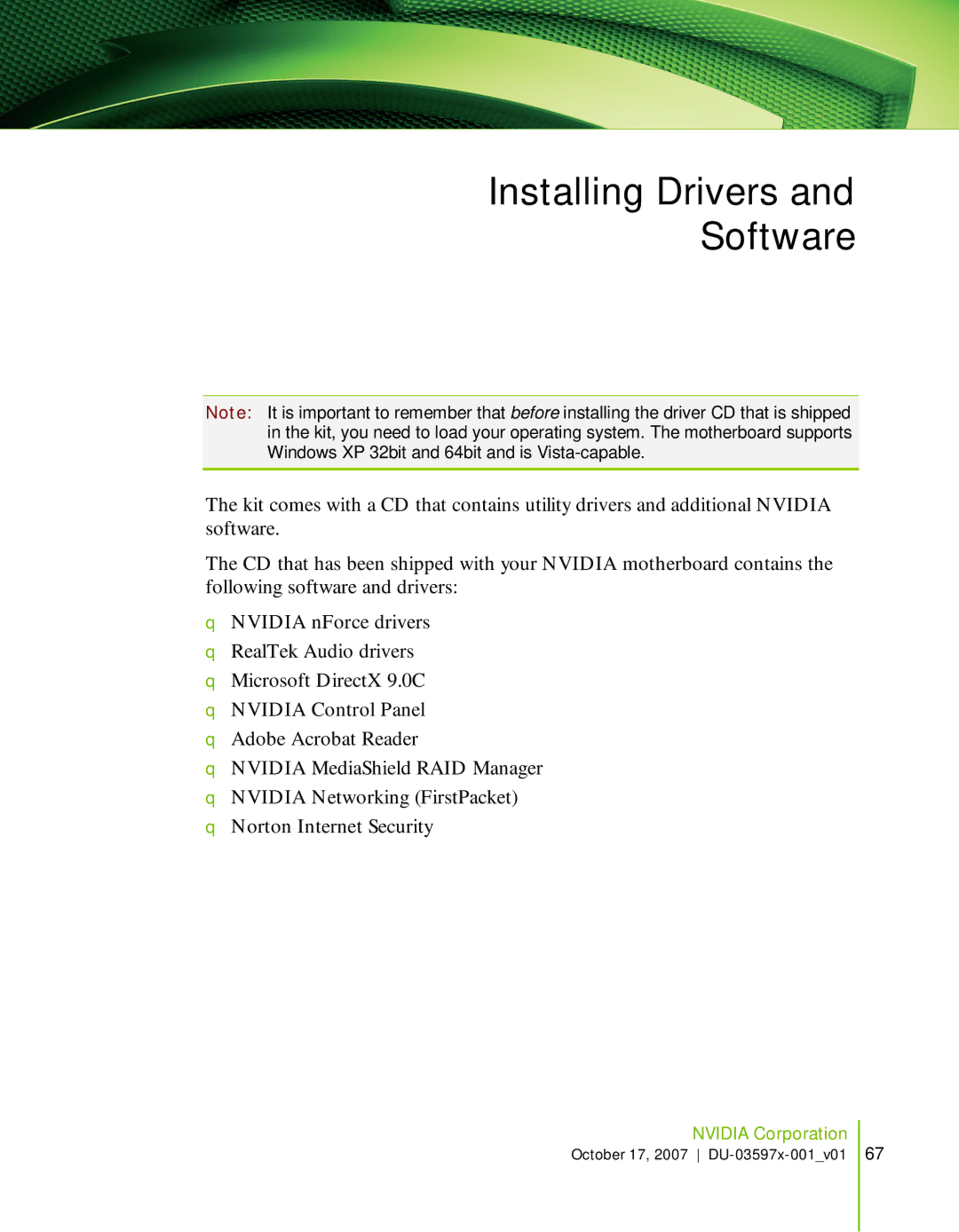 Nvidia 780I SLI manual Installing Drivers Software 