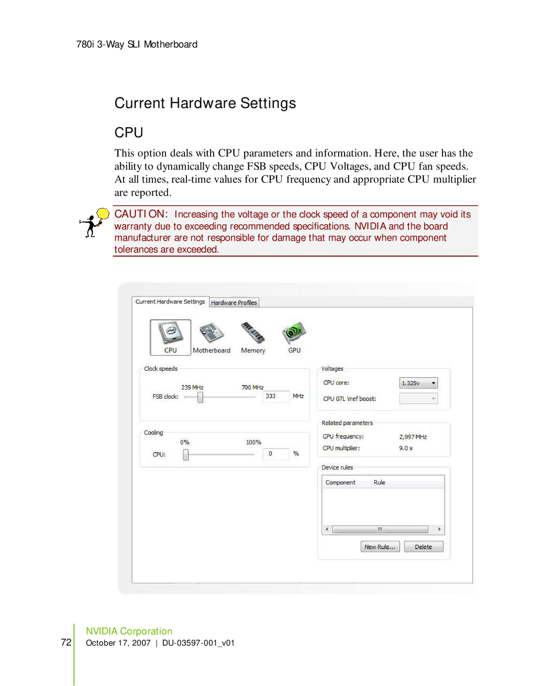 Nvidia 780I SLI manual Current Hardware Settings, Cpu 