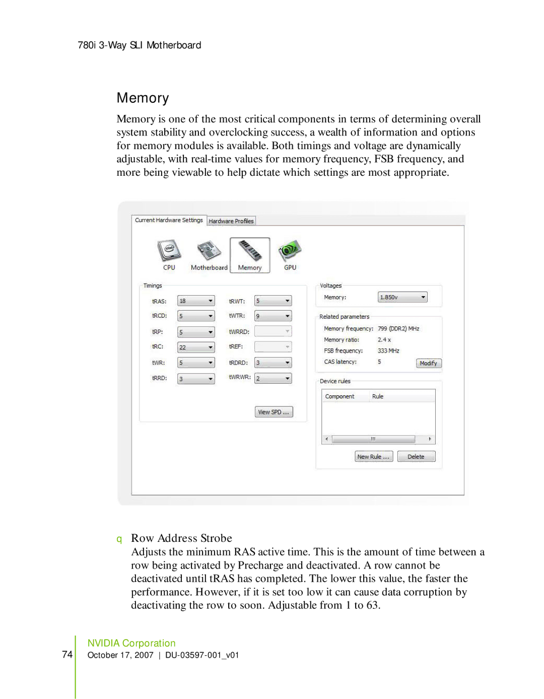 Nvidia 780I SLI manual Memory, Row Address Strobe 