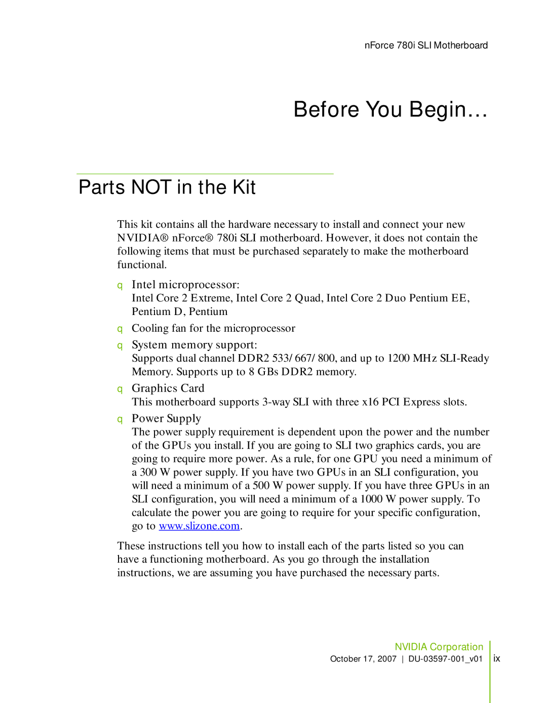 Nvidia 780I SLI manual Before You Begin…, Parts not in the Kit 