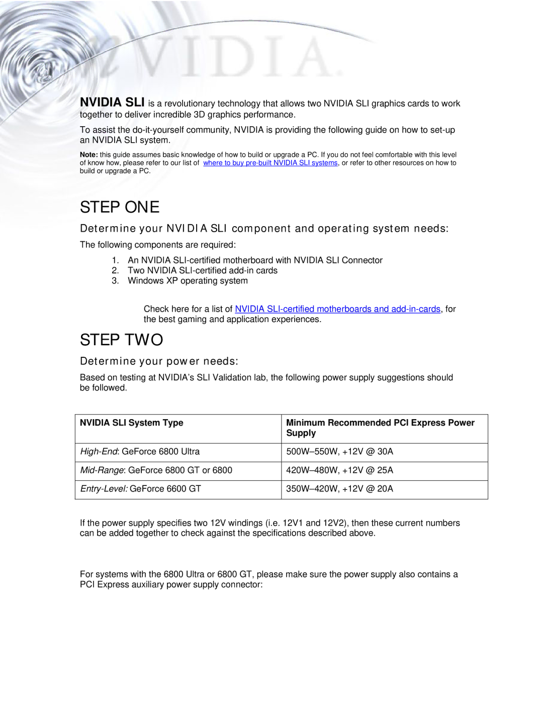 Nvidia Computer Hardware manual Step ONE, Step TWO, Determine your power needs 