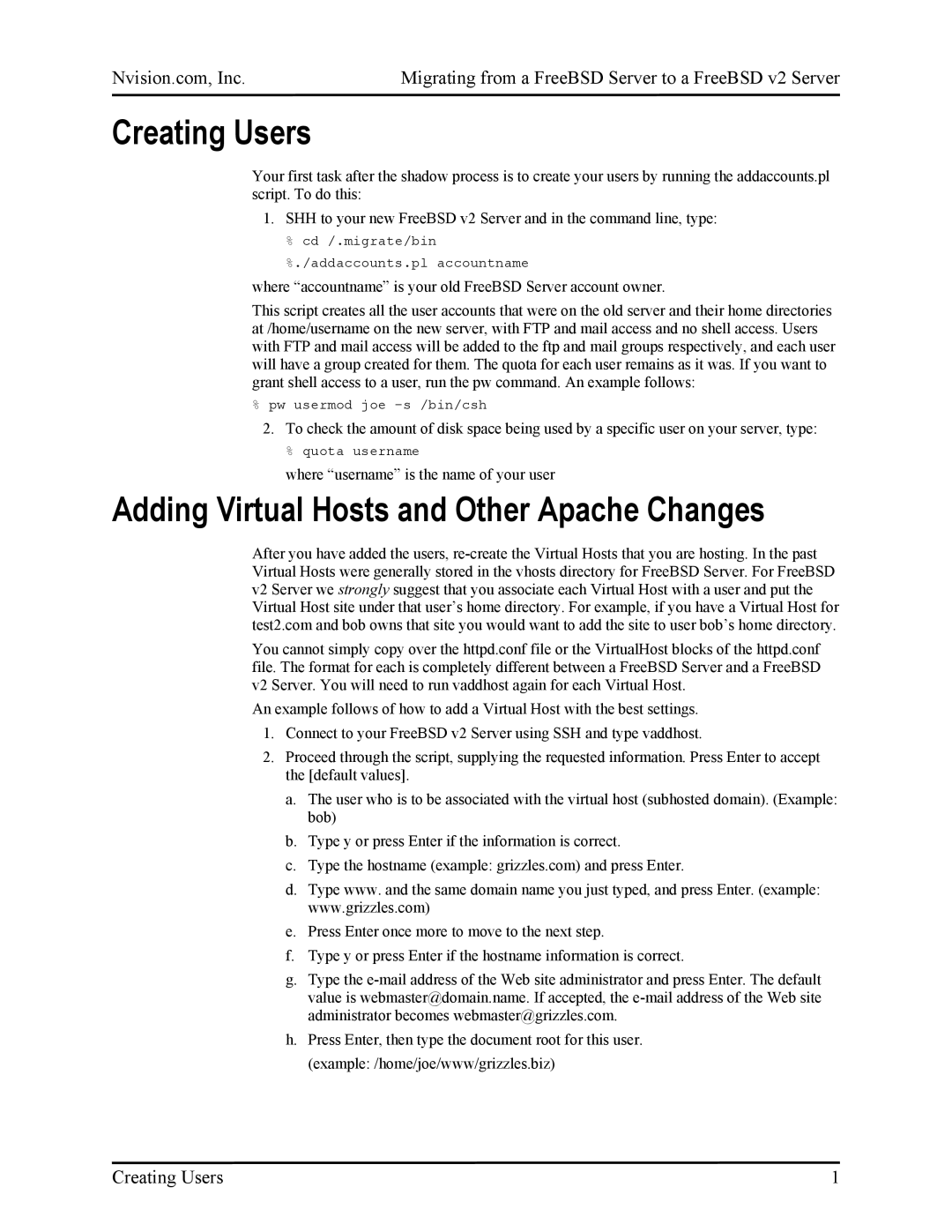 Nvidia FreeBSD Server to FreeBSD v2 Server manual Creating Users, Adding Virtual Hosts and Other Apache Changes 