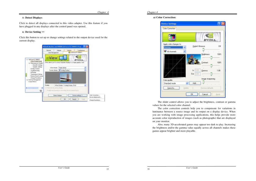 Nvidia FX 5900 XT manual Detect Displays, Device Setting, Color Correction 