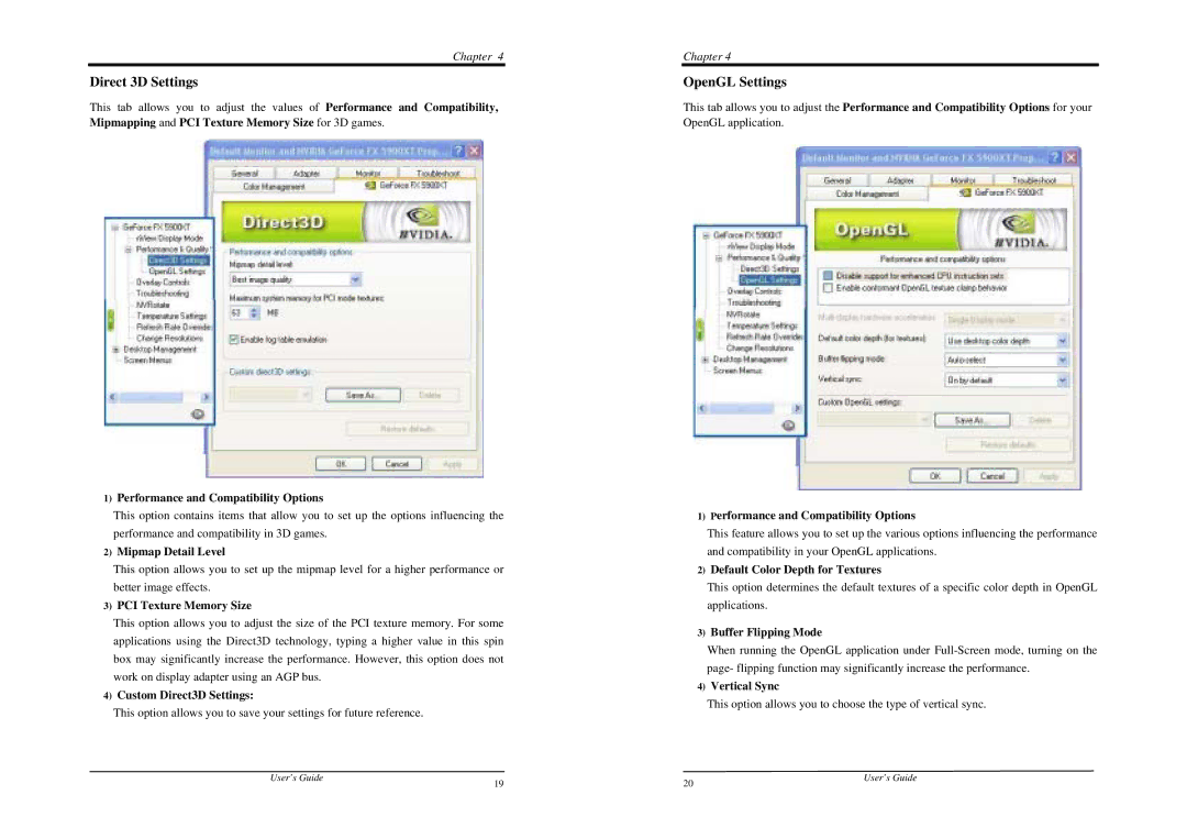 Nvidia FX 5900 XT manual Direct 3D Settings, OpenGL Settings 