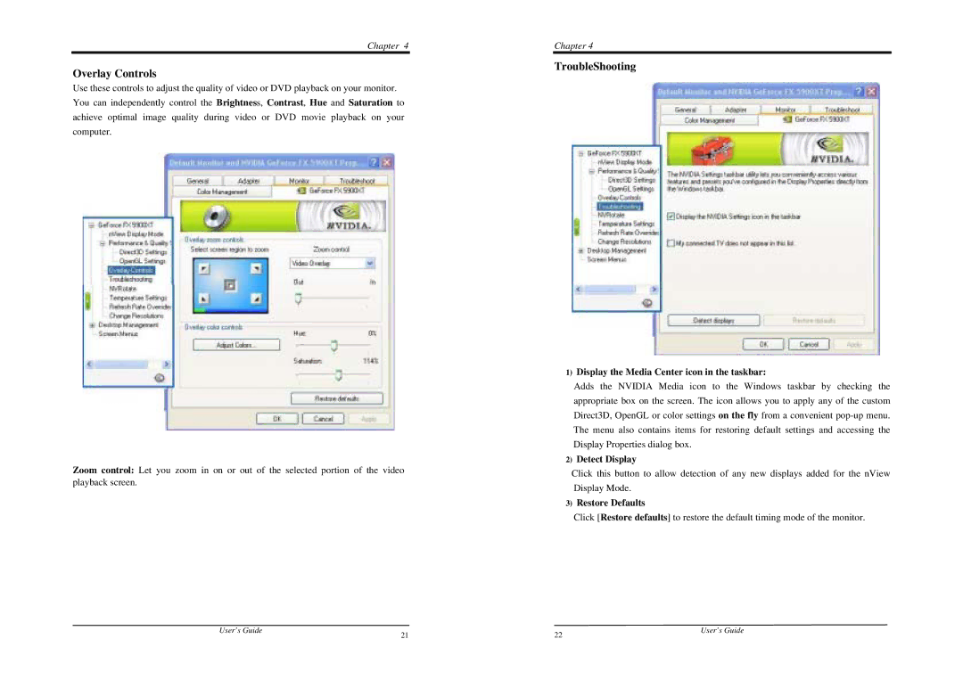 Nvidia FX 5900 XT manual Overlay Controls, TroubleShooting, Display the Media Center icon in the taskbar, Detect Display 