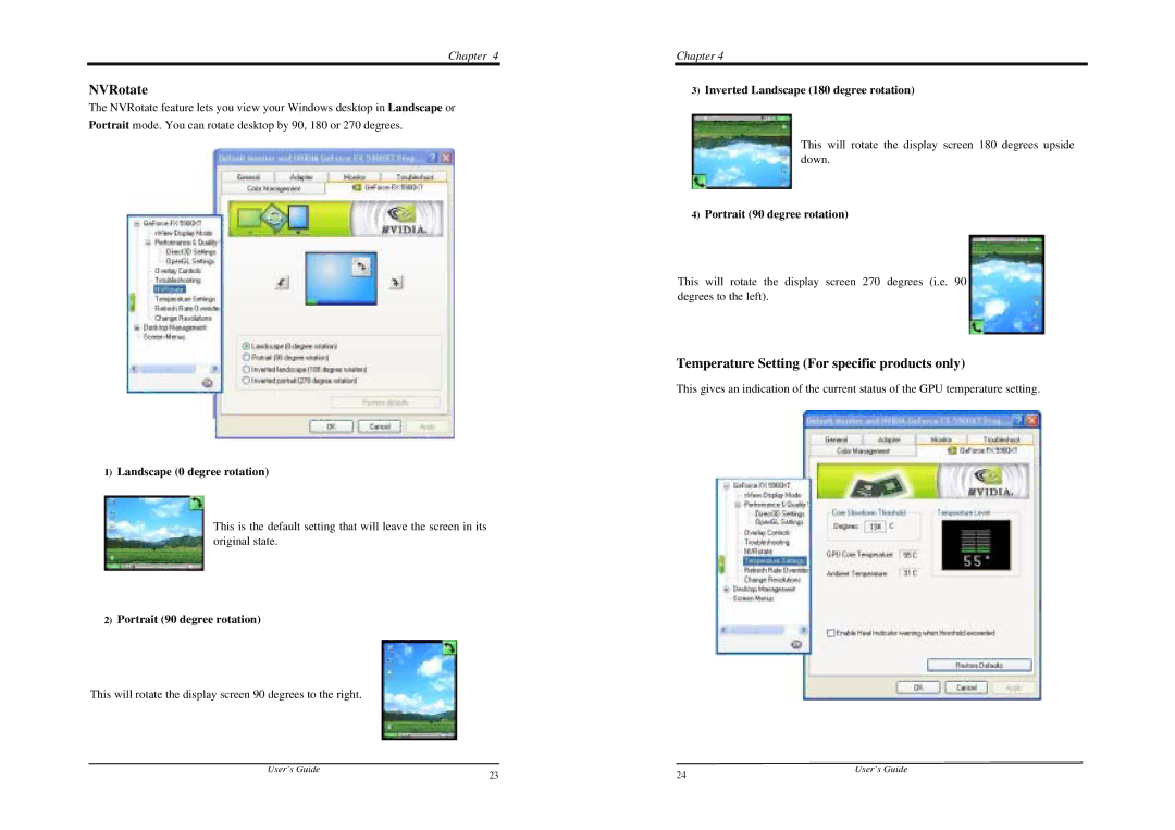 Nvidia FX 5900 XT manual NVRotate, Temperature Setting For specific products only, Landscape 0 degree rotation 