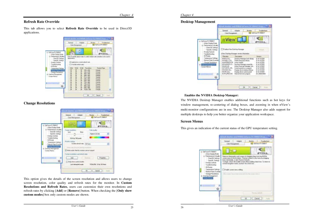 Nvidia FX 5900 XT manual Refresh Rate Override, Change Resolutions, Desktop Management, Screen Menus 