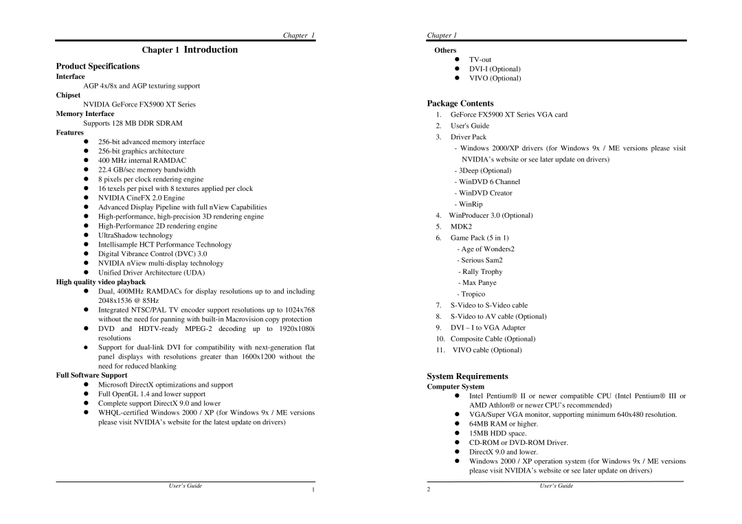 Nvidia FX 5900 XT manual Product Specifications, Package Contents, System Requirements 