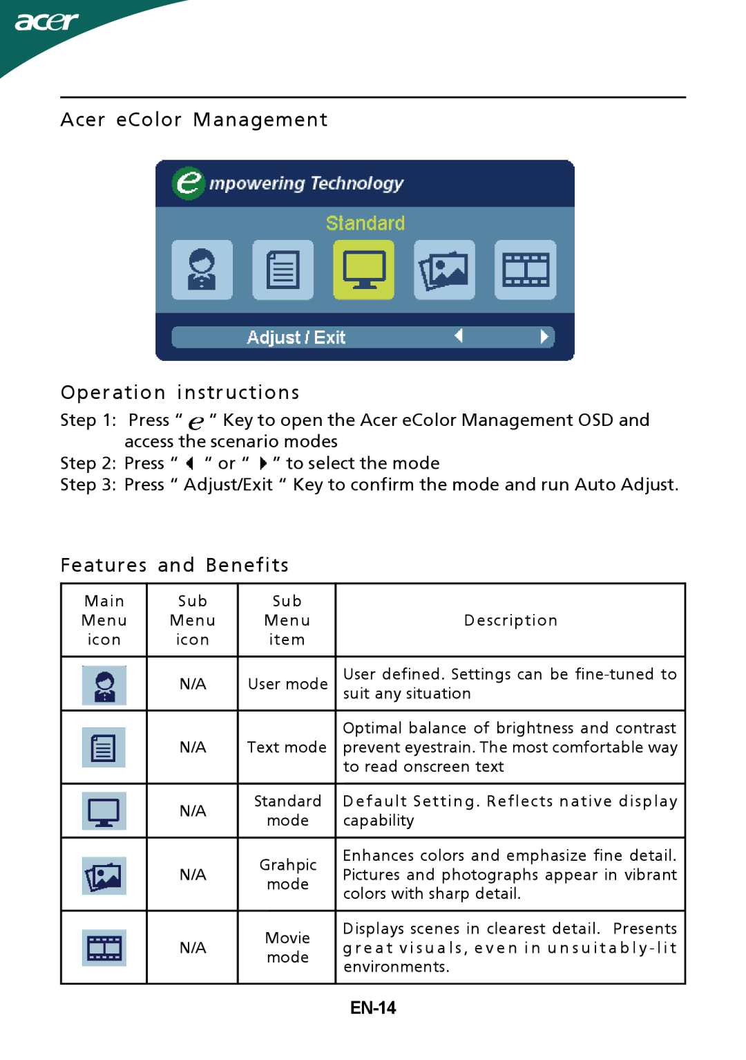 Nvidia GD245HQ manual Acer eColor Management Operation instructions, EN-14 