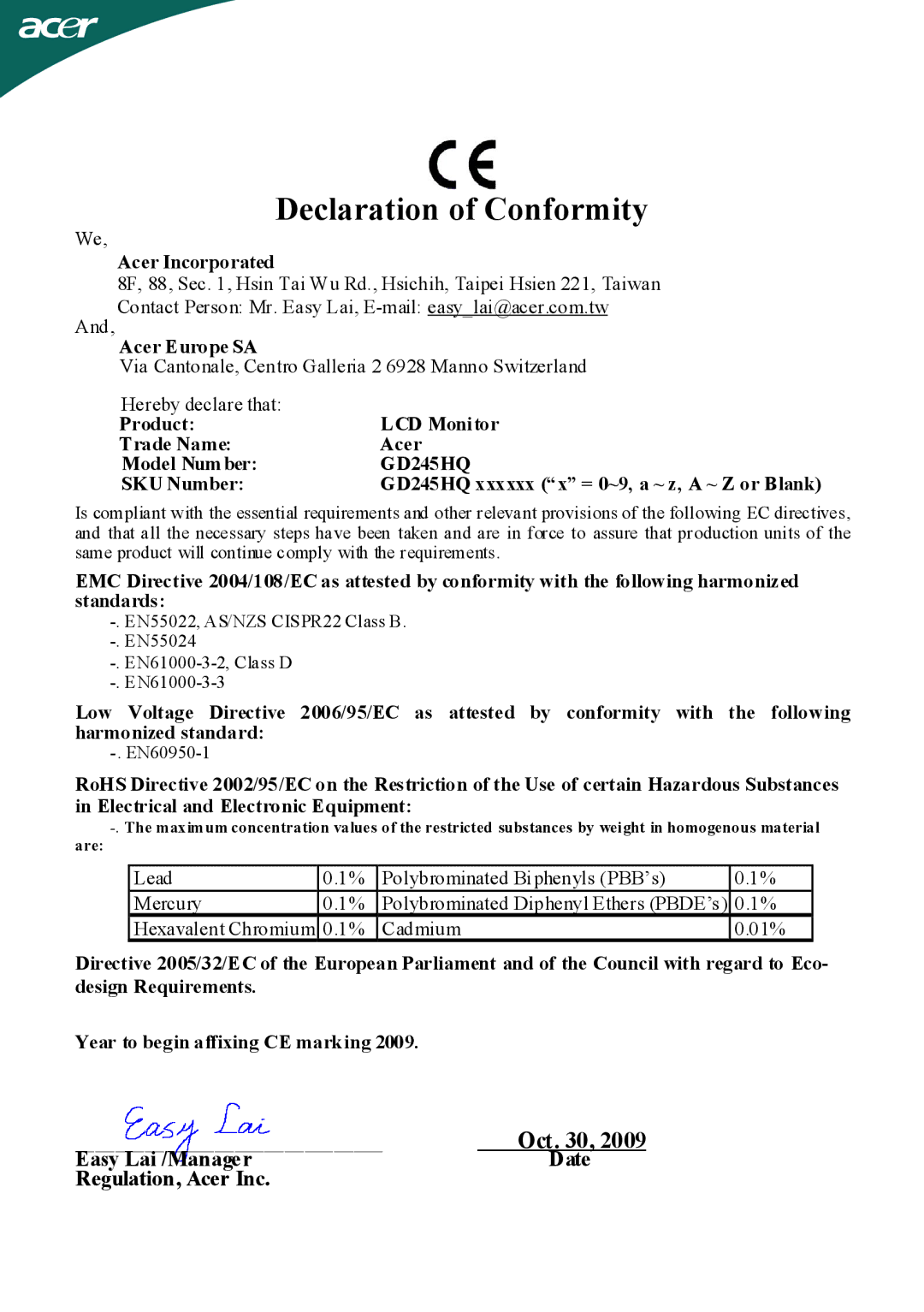 Nvidia GD245HQ manual Declaration of Conformity 