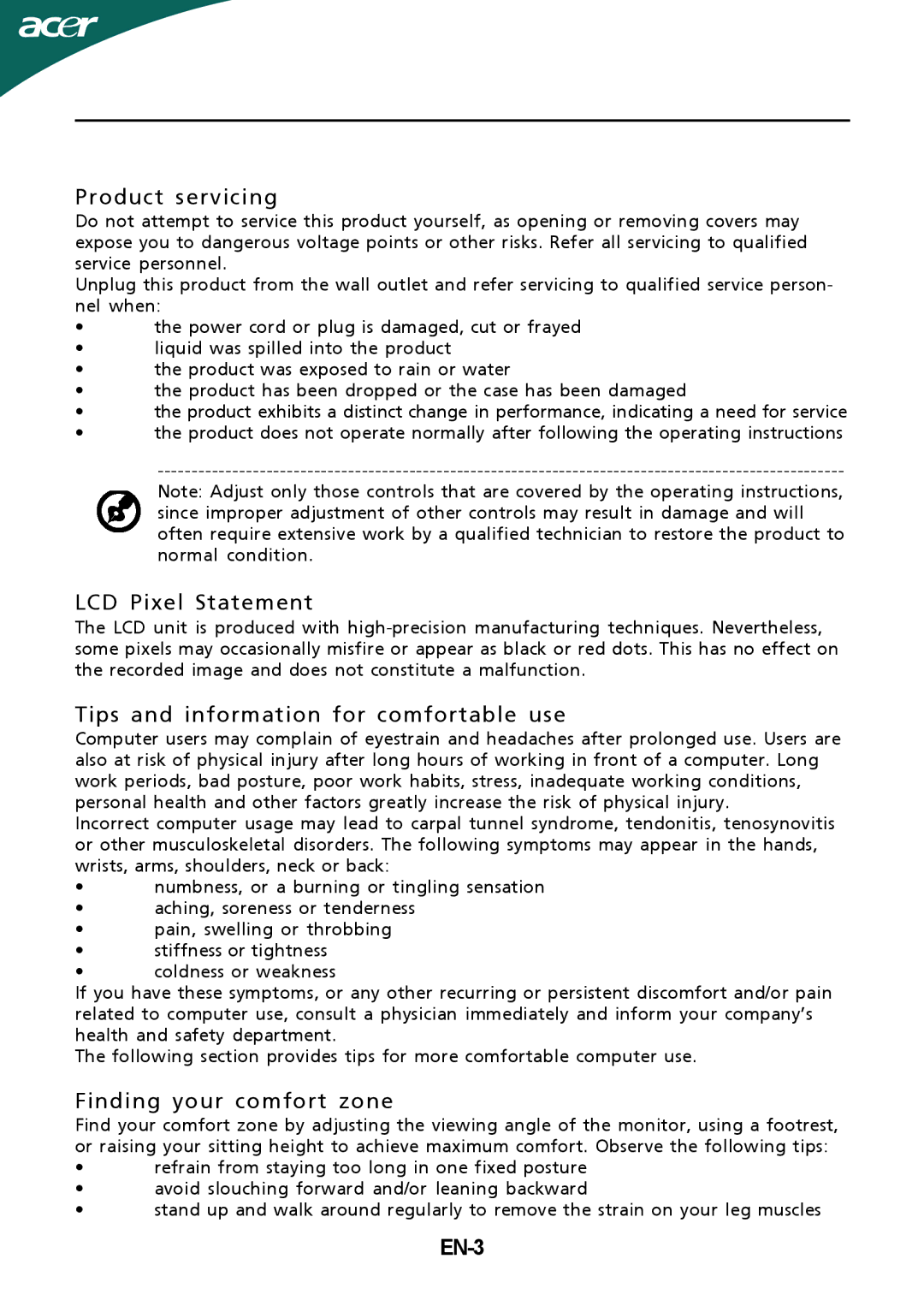 Nvidia GD245HQ Product servicing, LCD Pixel Statement, Tips and information for comfortable use, Finding your comfort zone 