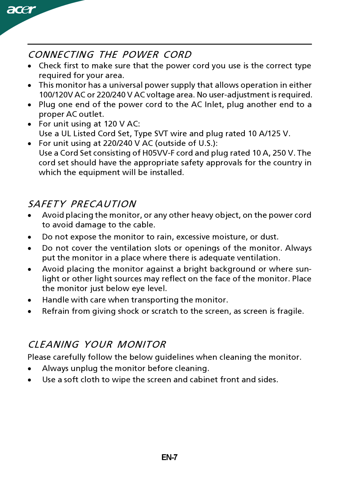 Nvidia GD245HQ manual Connecting the Power Cord, Safety Precaution, Cleaning Your Monitor, EN-7 