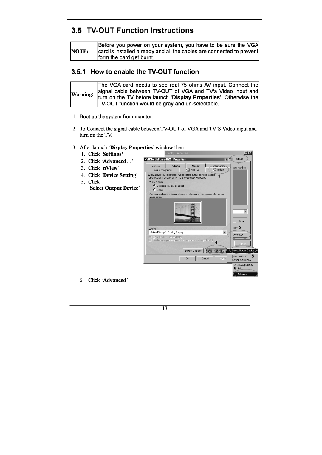 Nvidia GeForce MX Series user manual TV-OUT Function Instructions, How to enable the TV-OUT function, Click ‘Settings’ 