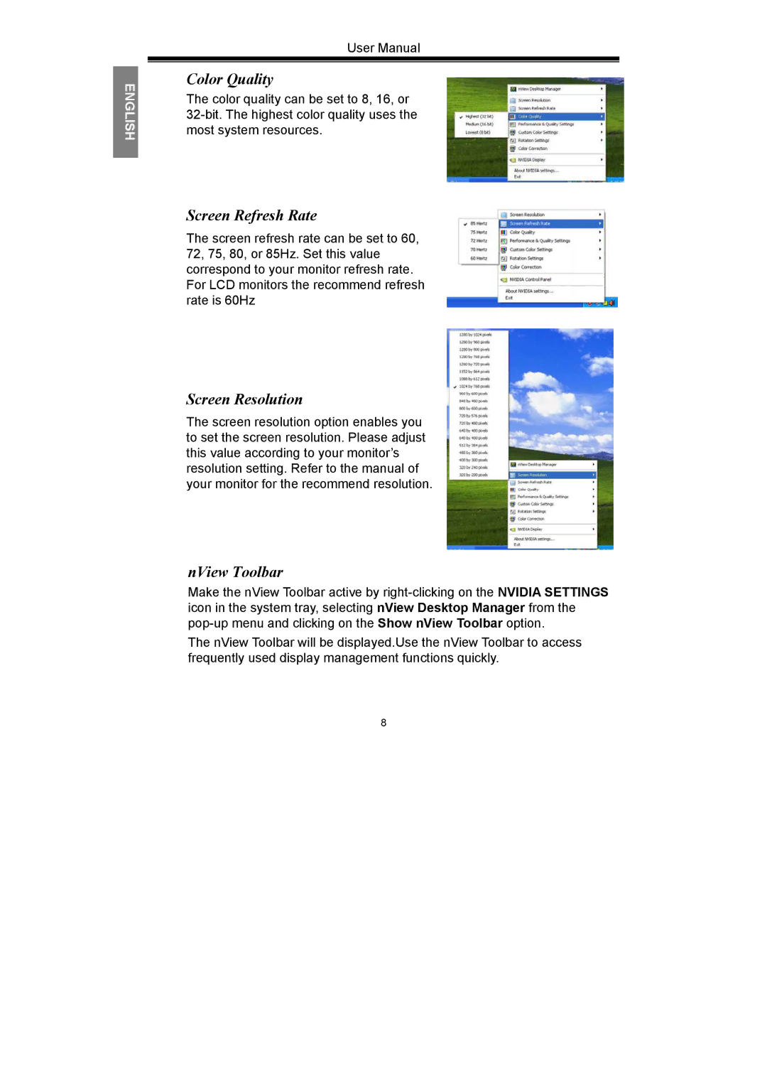 Nvidia GeForce Series manual Color Quality, Screen Refresh Rate, Screen Resolution, NView Toolbar 