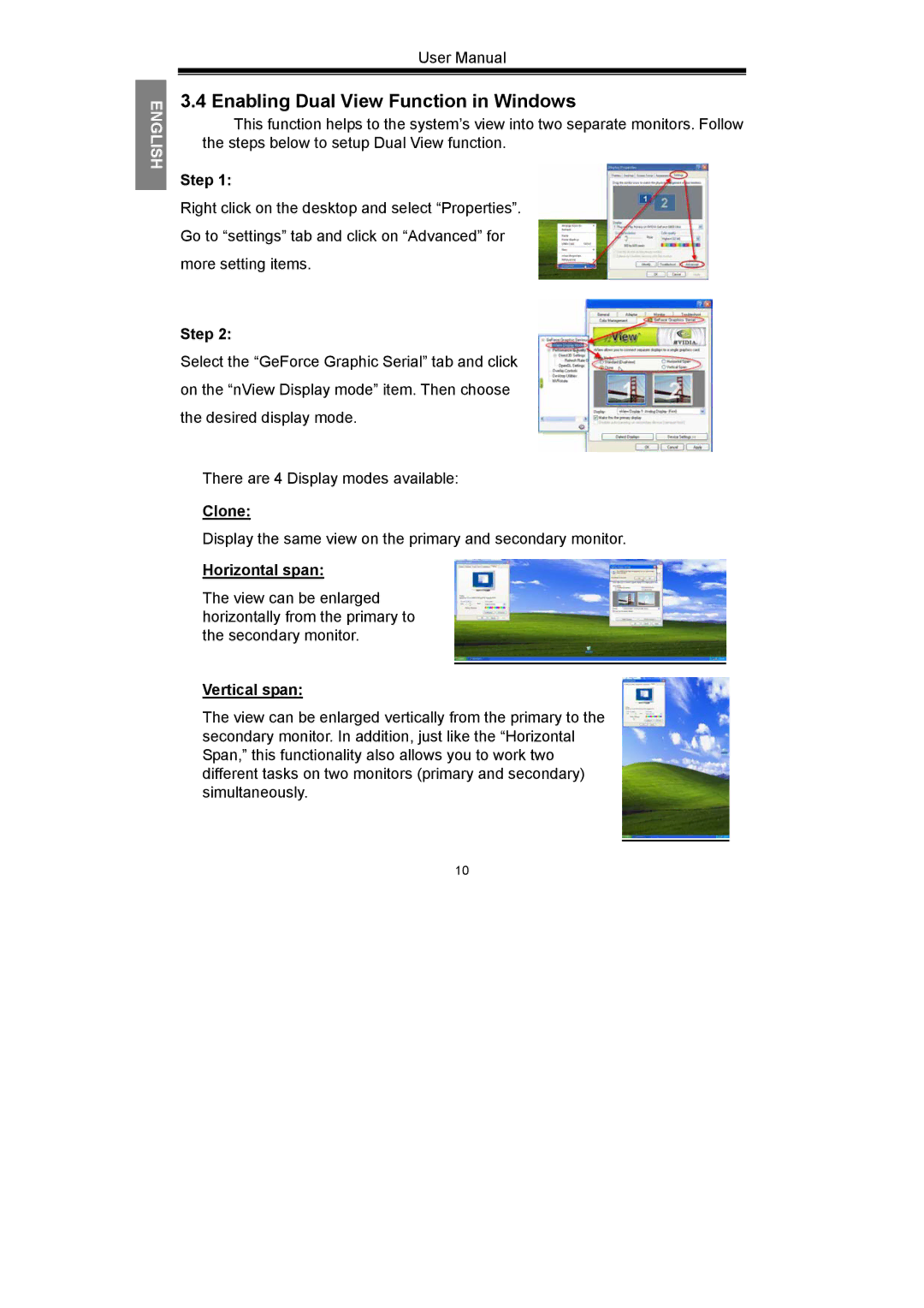 Nvidia GeForce Series manual Enabling Dual View Function in Windows, Step, Clone, Horizontal span, Vertical span 