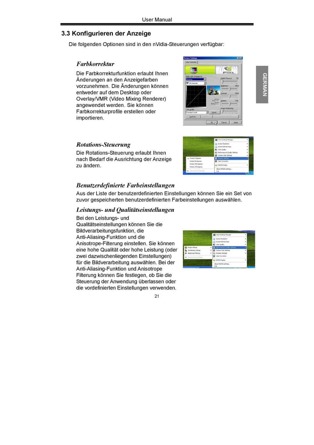 Nvidia GeForce Series Konfigurieren der Anzeige, Farbkorrektur, Rotations-Steuerung, Benutzerdefinierte Farbeinstellungen 
