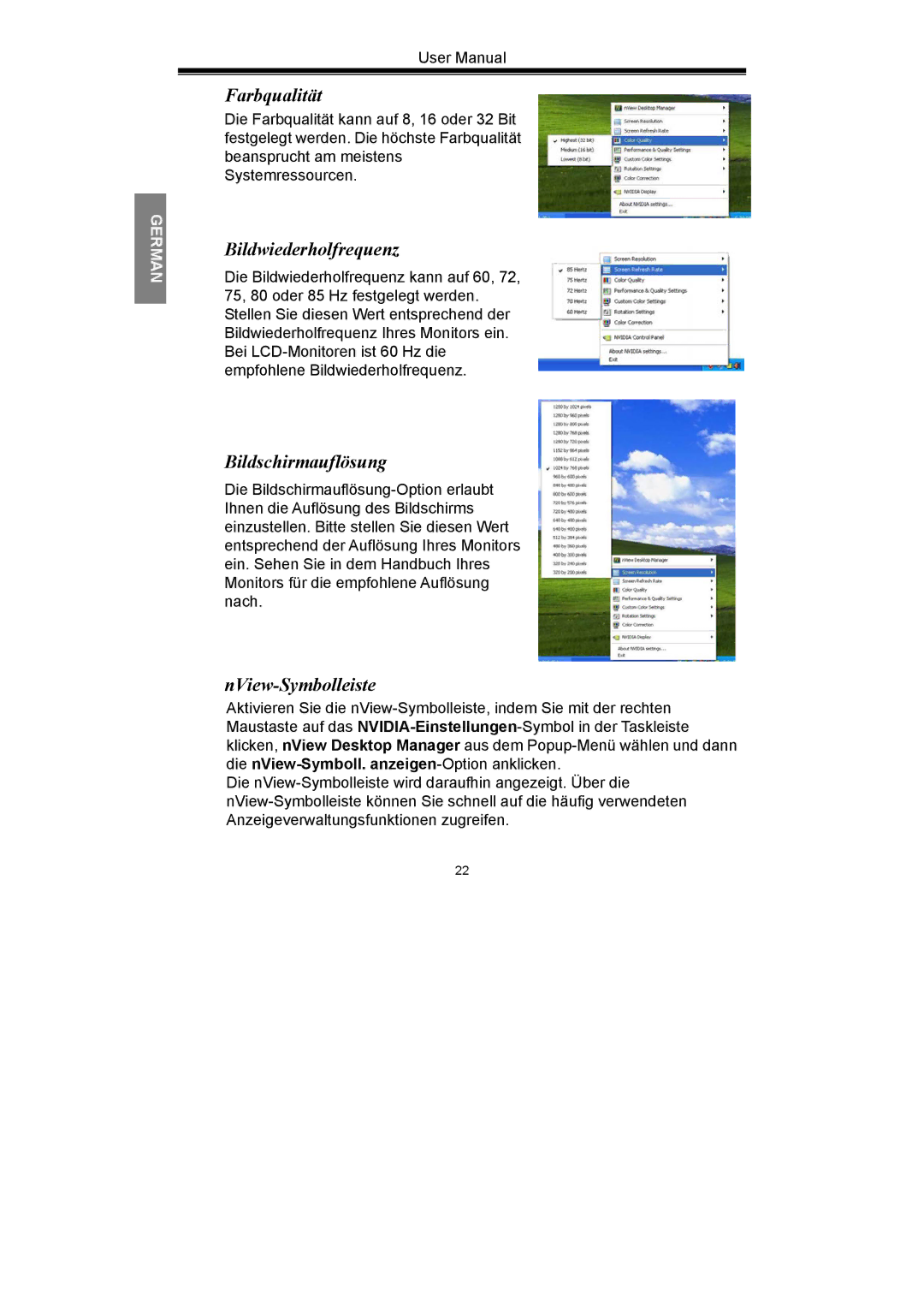 Nvidia GeForce Series manual Farbqualität, Bildwiederholfrequenz, Bildschirmauflösung, NView-Symbolleiste 