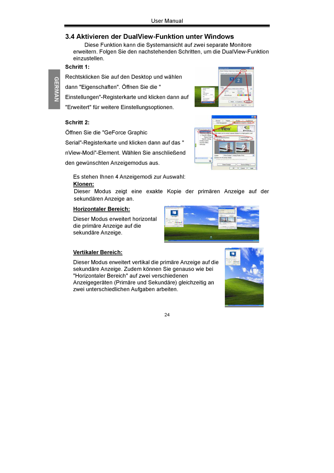 Nvidia GeForce Series manual Aktivieren der DualView-Funktion unter Windows, Schritt, Klonen, Horizontaler Bereich 