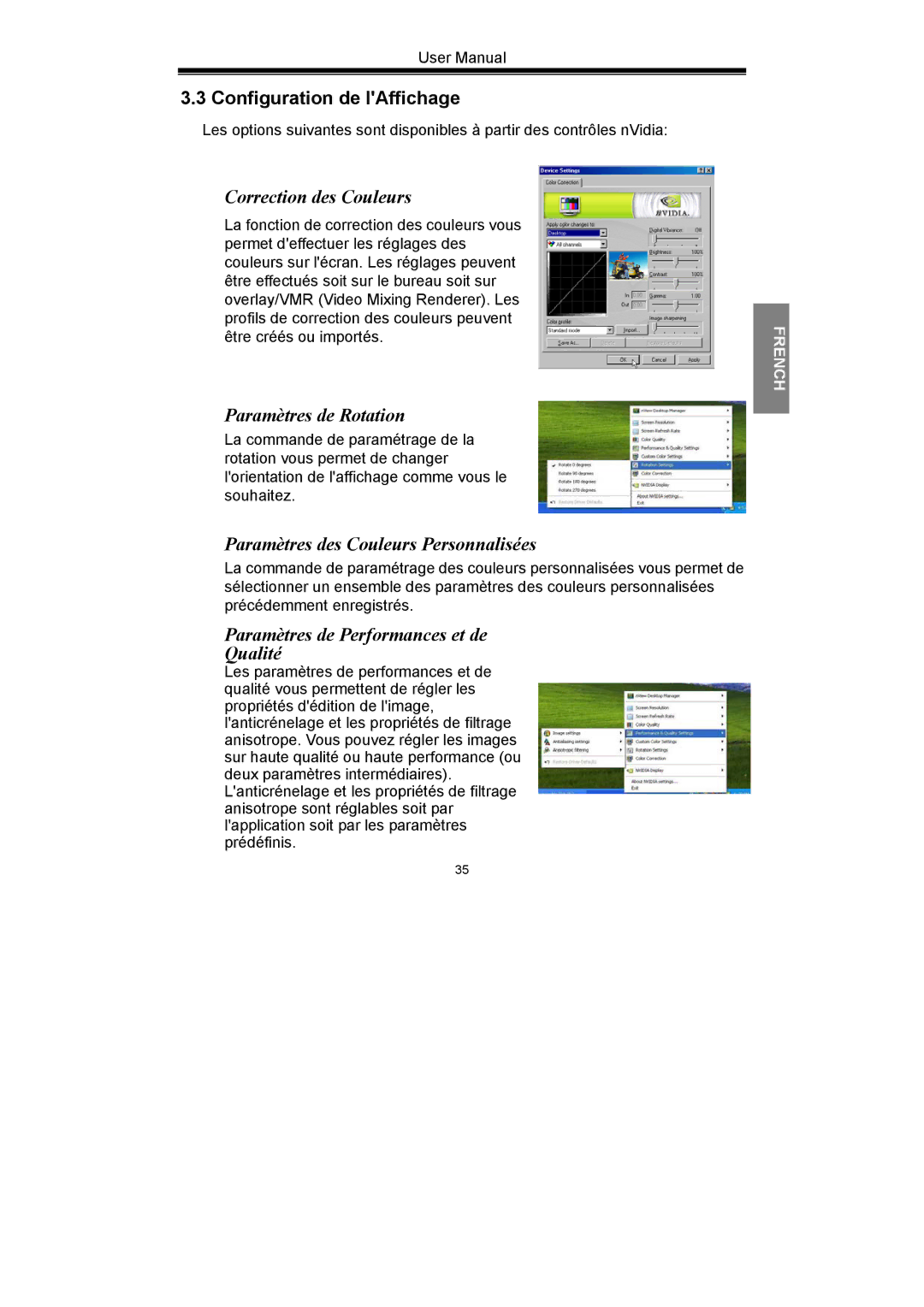 Nvidia GeForce Series manual Configuration de lAffichage, Correction des Couleurs, Paramètres de Rotation 