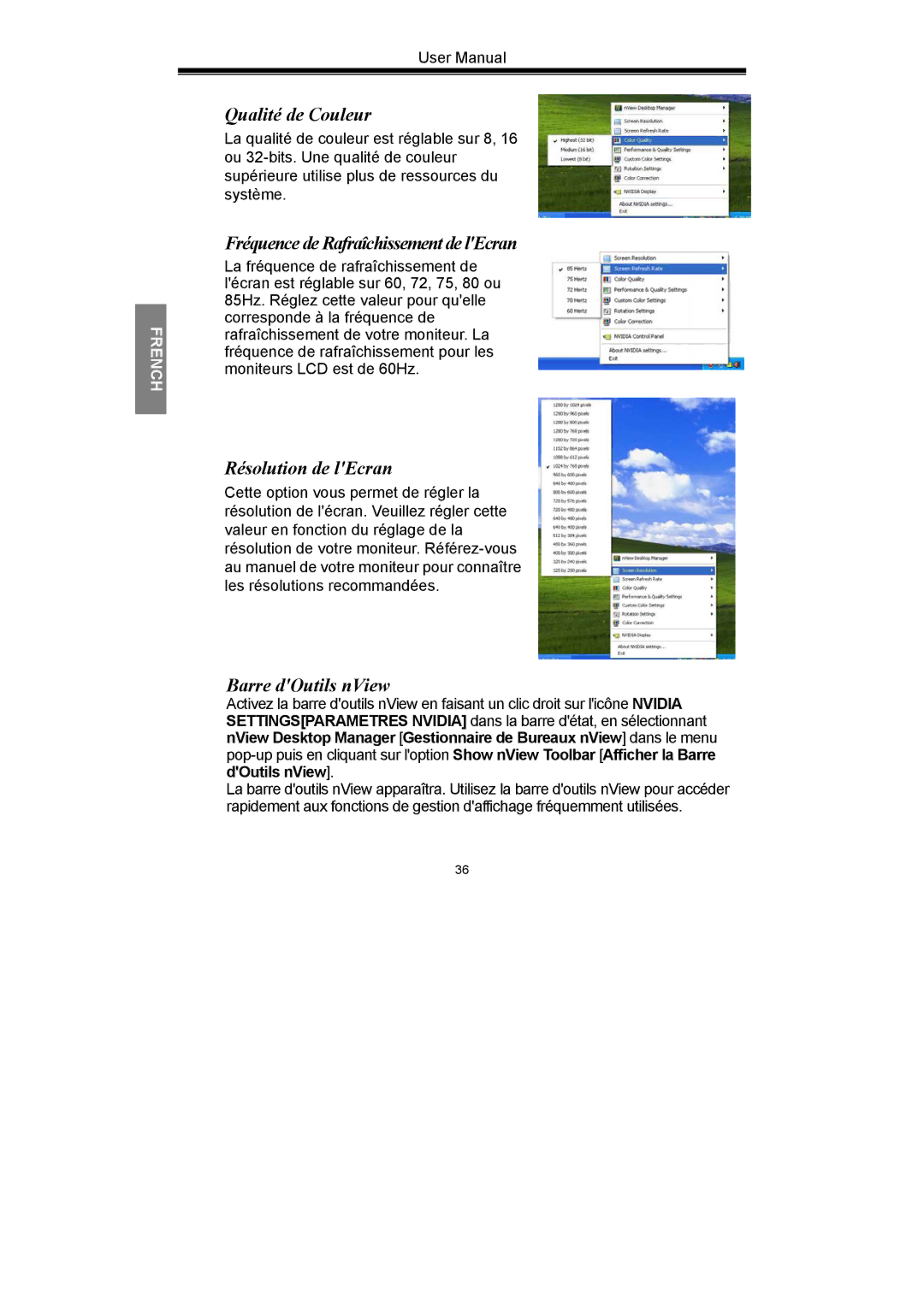 Nvidia GeForce Series manual Qualité de Couleur, Fréquence de Rafraîchissement de lEcran, Résolution de lEcran 