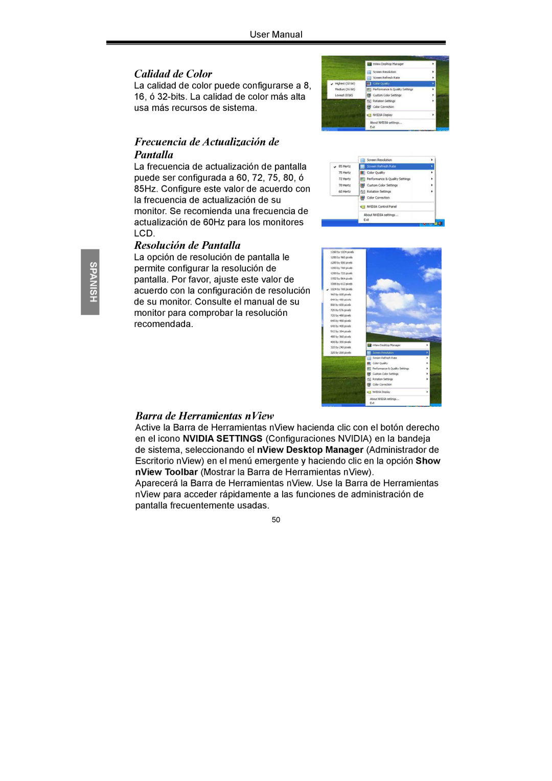 Nvidia GeForce Series manual Calidad de Color, Frecuencia de Actualización de Pantalla, Resolución de Pantalla 