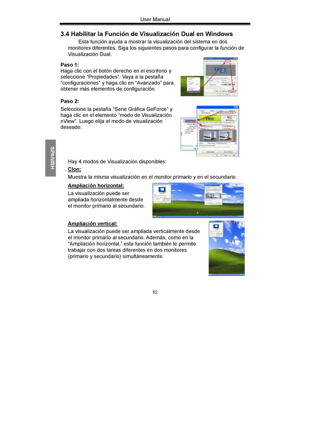 Nvidia GeForce Series manual Habilitar la Función de Visualización Dual en Windows, Paso, Clon, Ampliación horizontal 