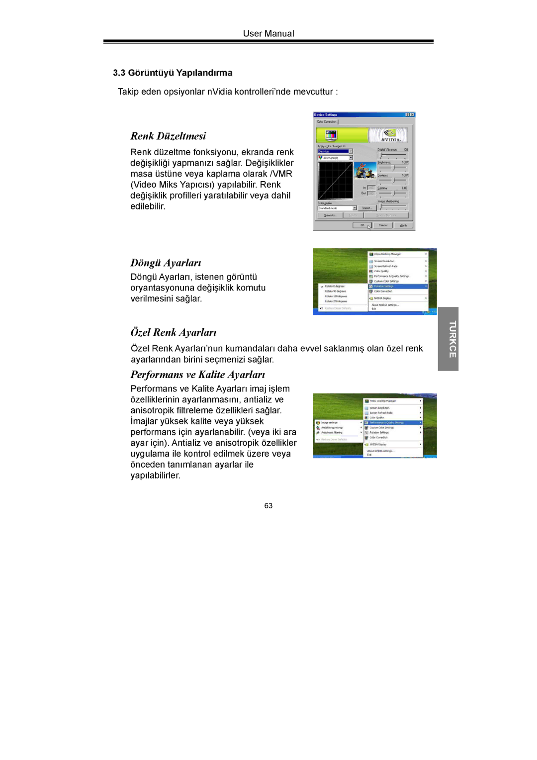 Nvidia GeForce Series manual Renk Düzeltmesi, Döngü Ayarları, Özel Renk Ayarları, Performans ve Kalite Ayarları 
