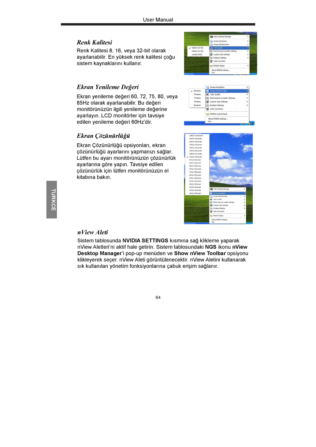 Nvidia GeForce Series manual Renk Kalitesi, Ekran Yenileme Değeri, Ekran Çözünürlüğü, NView Aleti 