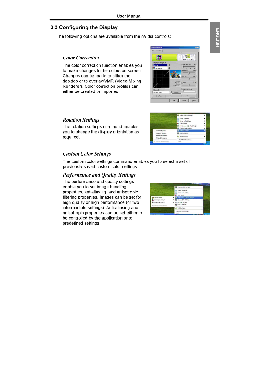 Nvidia GeForce Series manual Configuring the Display, Color Correction, Rotation Settings, Custom Color Settings 