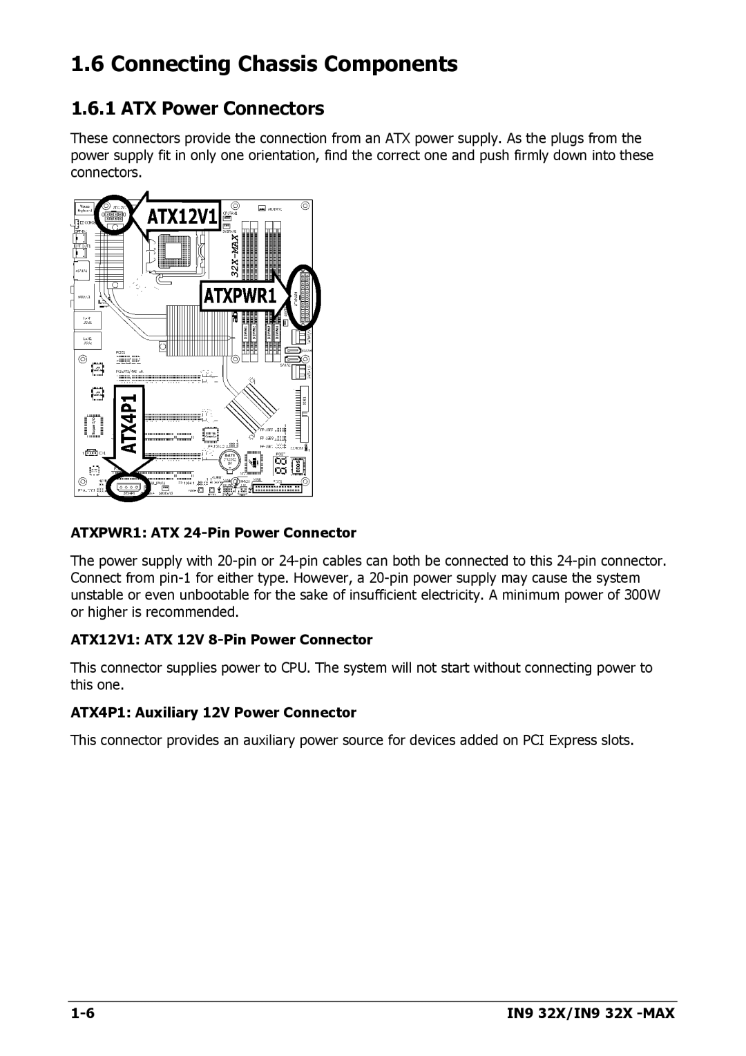 Nvidia IN9 32X-MAX user manual Connecting Chassis Components, ATX Power Connectors, ATXPWR1 ATX 24-Pin Power Connector 