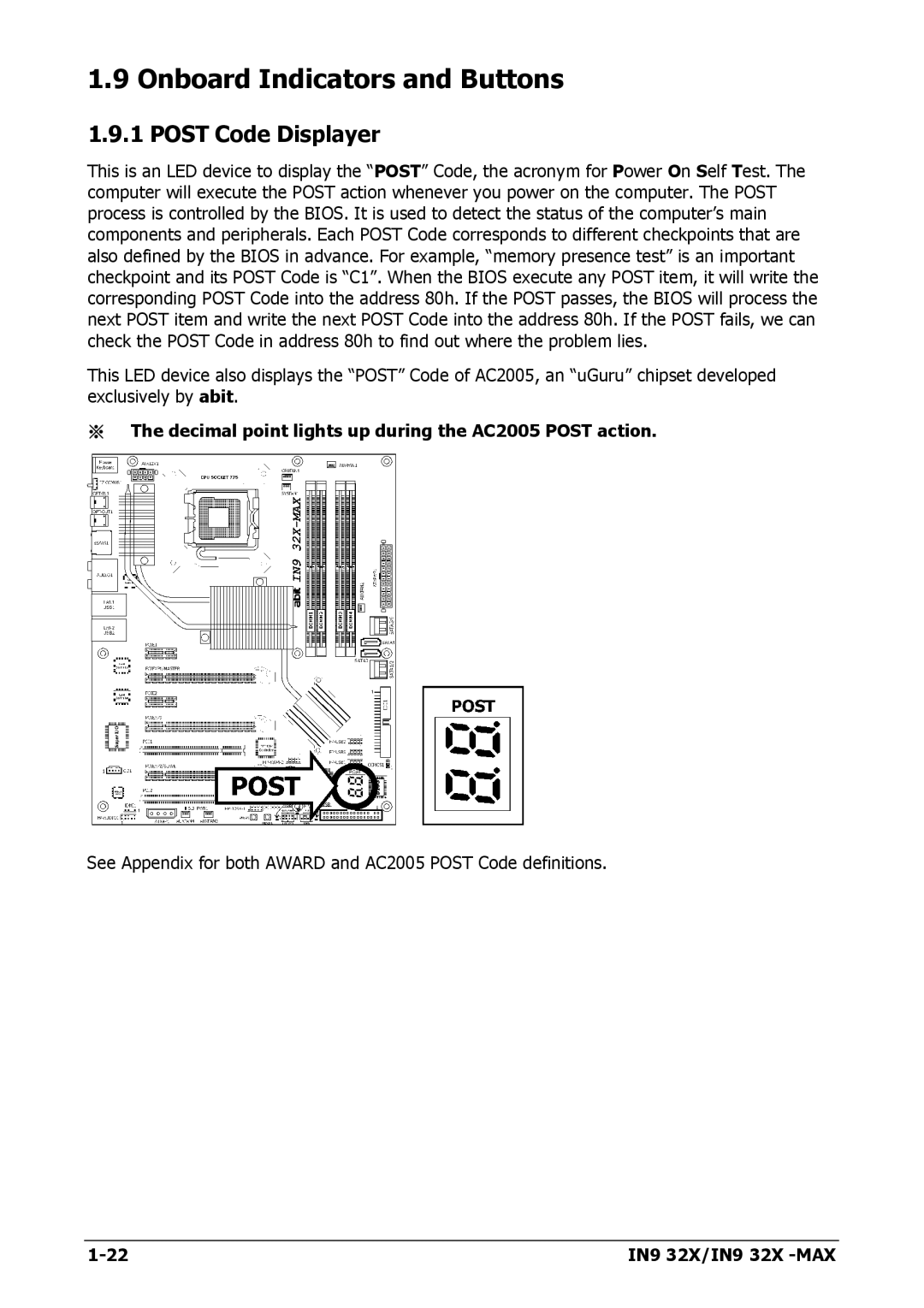 Nvidia IN9 32X-MAX user manual Onboard Indicators and Buttons, Post Code Displayer 