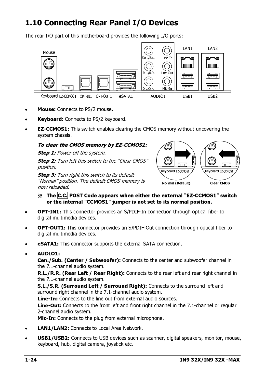 Nvidia IN9 32X-MAX Connecting Rear Panel I/O Devices, To clear the Cmos memory by EZ-CCMOS1 Power off the system 