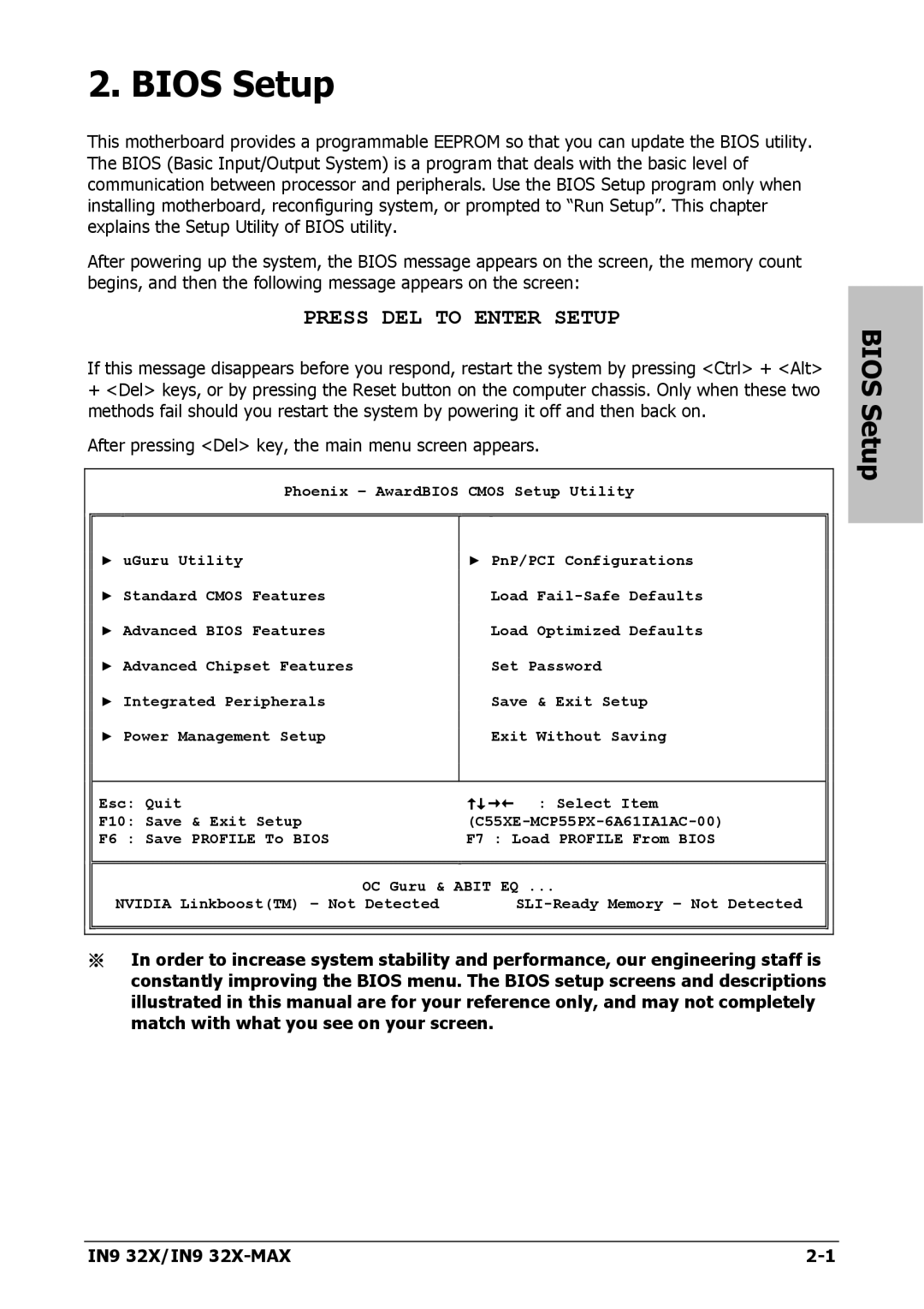 Nvidia IN9 32X-MAX user manual Bios Setup 