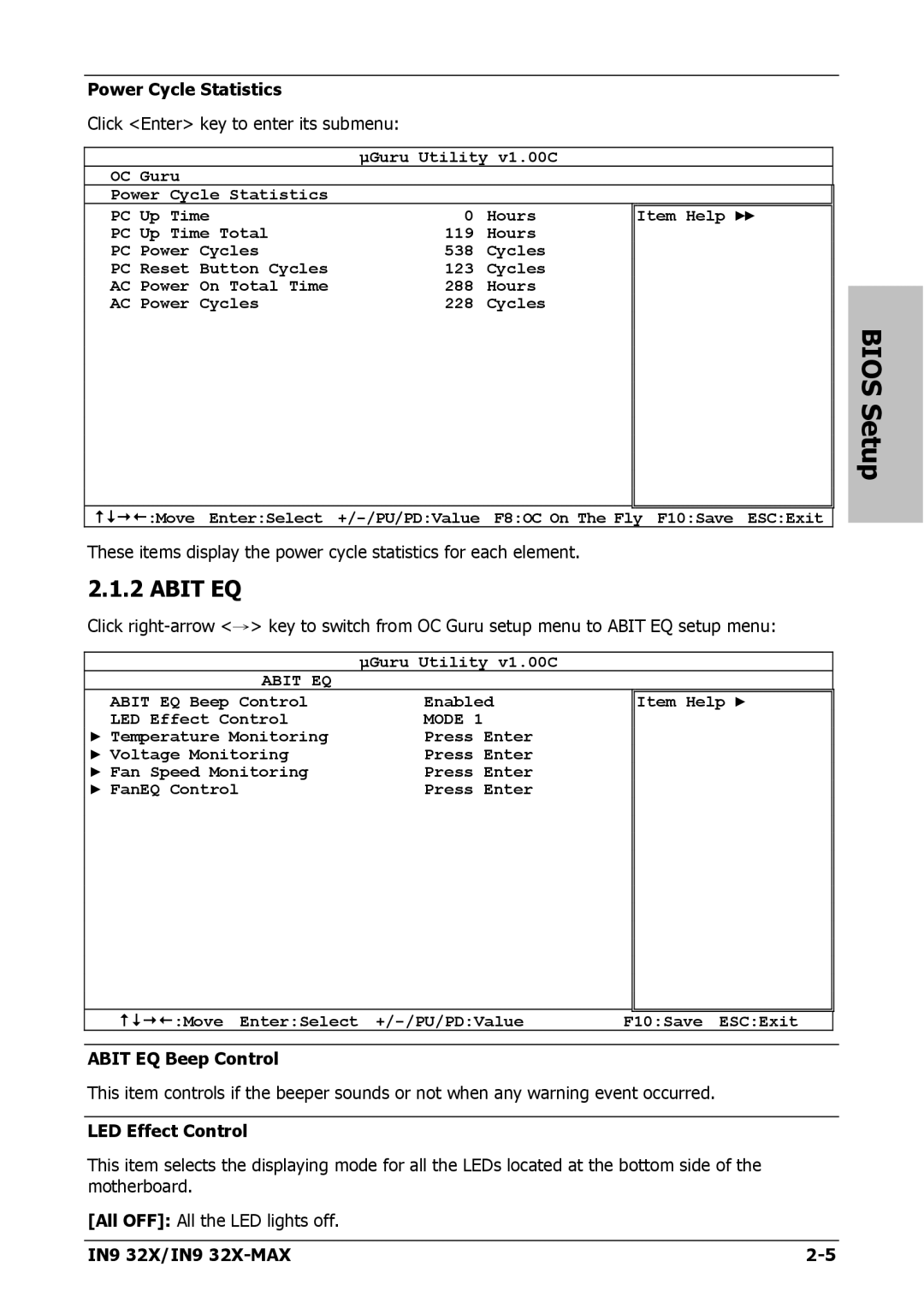 Nvidia IN9 32X-MAX user manual Power Cycle Statistics, Abit EQ Beep Control, LED Effect Control 