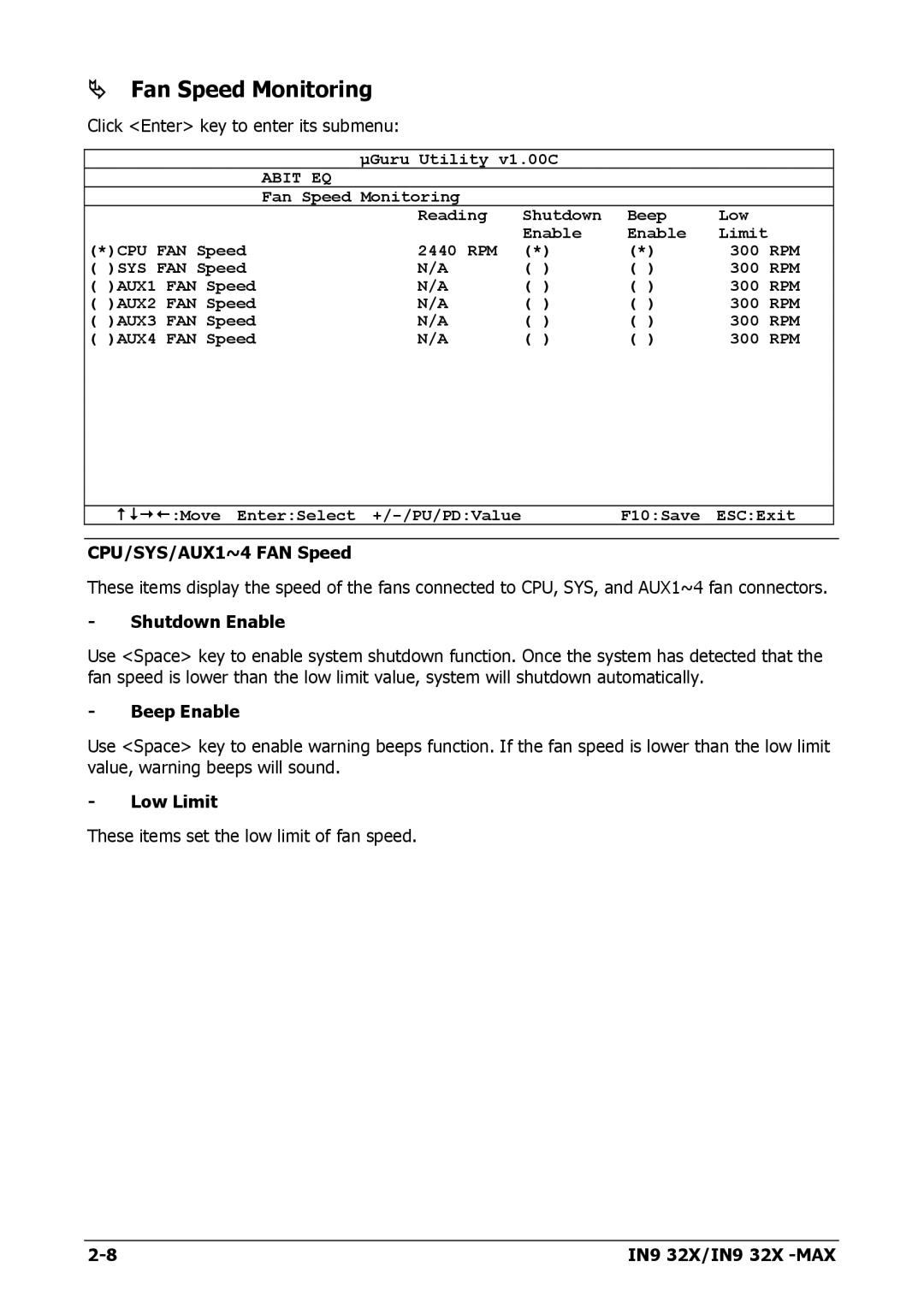 Nvidia IN9 32X-MAX user manual Fan Speed Monitoring, CPU/SYS/AUX1~4 FAN Speed, Low Limit 