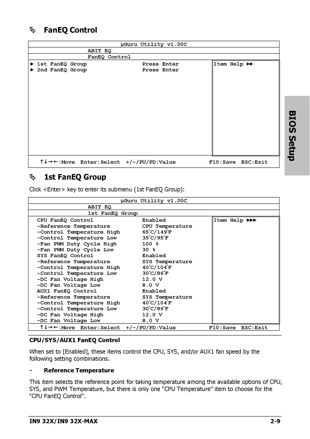 Nvidia IN9 32X-MAX user manual 1st FanEQ Group, CPU/SYS/AUX1 FanEQ Control, Reference Temperature 