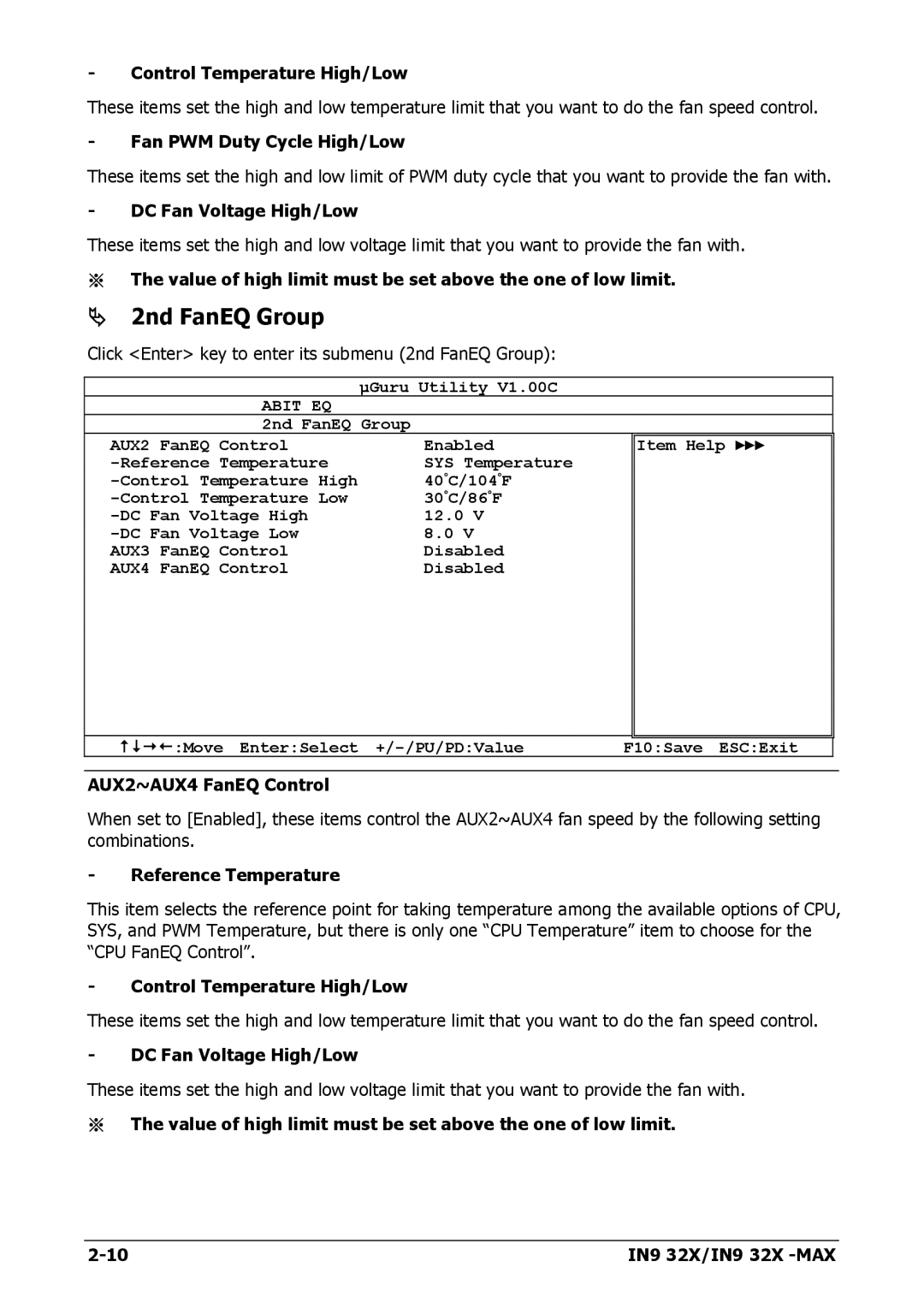 Nvidia IN9 32X-MAX 2nd FanEQ Group, Control Temperature High/Low, Fan PWM Duty Cycle High/Low, DC Fan Voltage High/Low 