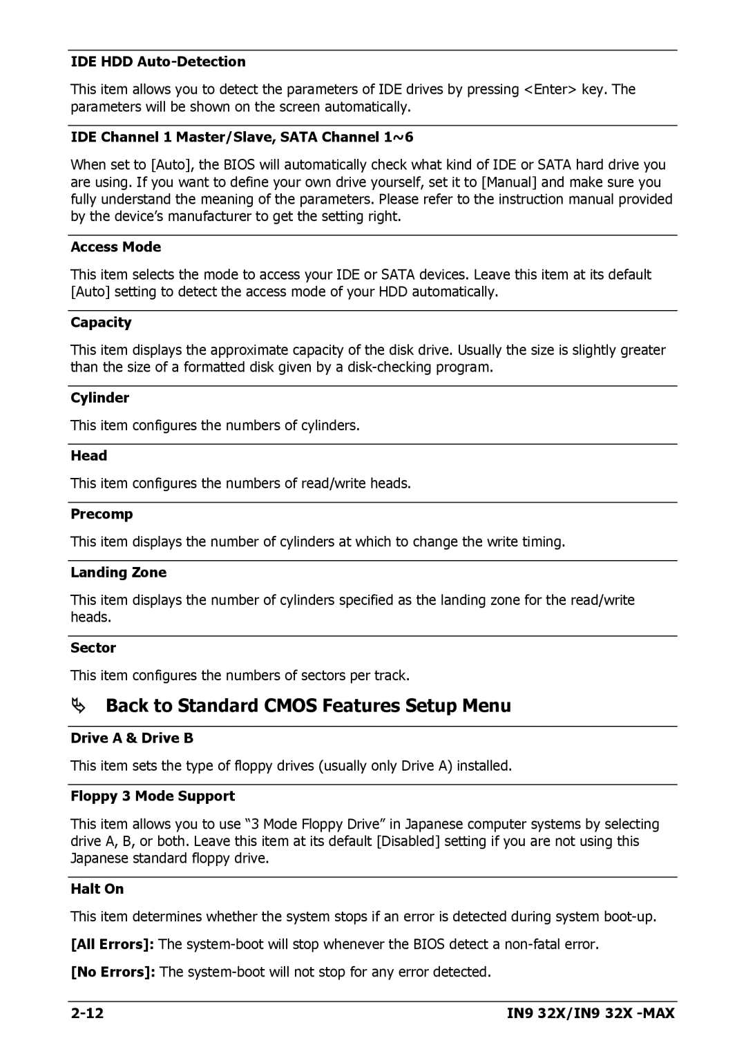 Nvidia IN9 32X-MAX user manual Back to Standard Cmos Features Setup Menu 