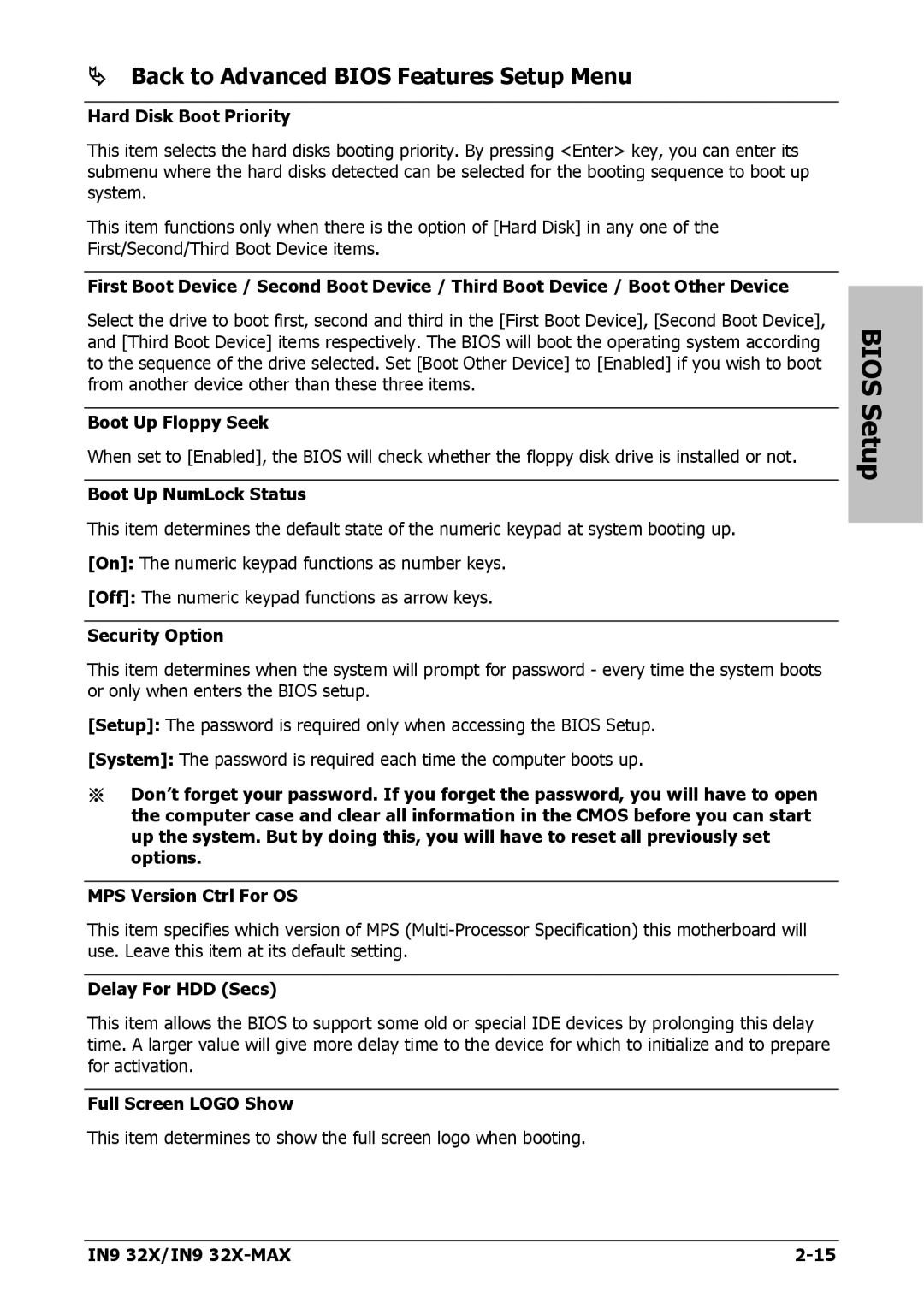 Nvidia IN9 32X-MAX user manual Back to Advanced Bios Features Setup Menu 