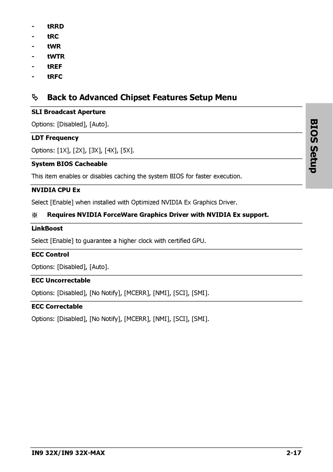 Nvidia IN9 32X-MAX user manual Back to Advanced Chipset Features Setup Menu 