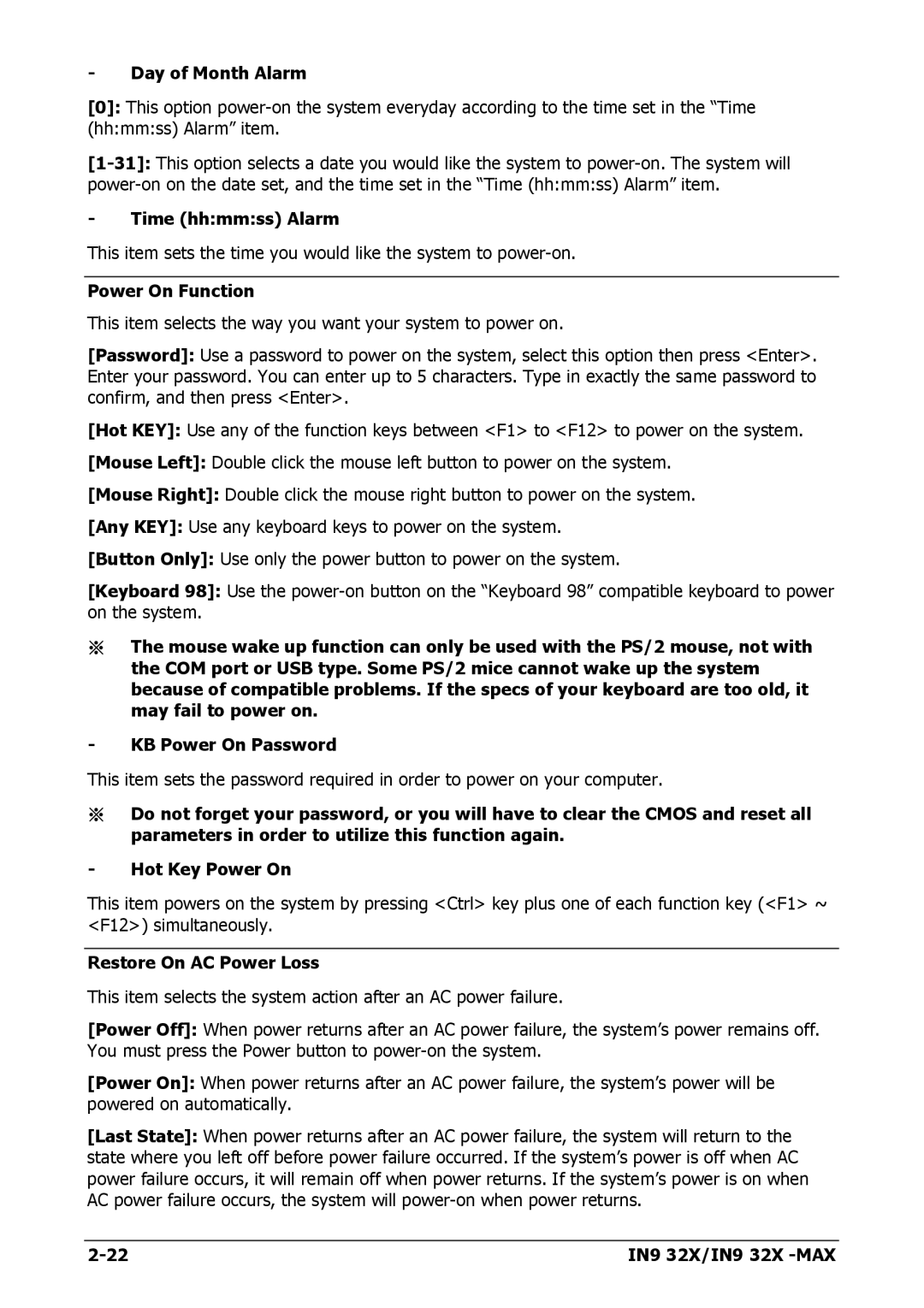 Nvidia IN9 32X-MAX user manual Day of Month Alarm, Time hhmmss Alarm, Power On Function, Restore On AC Power Loss 