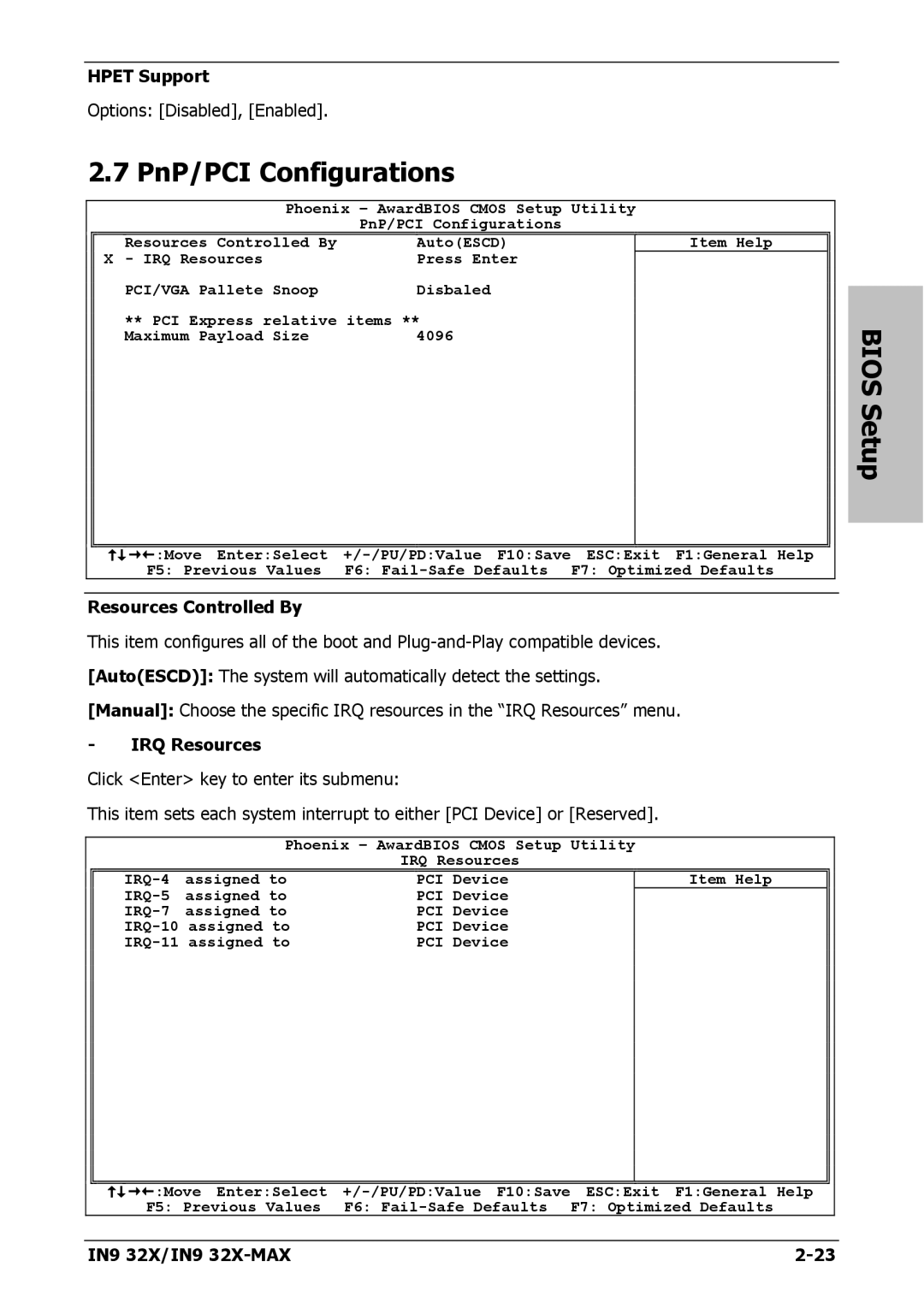 Nvidia IN9 32X-MAX user manual PnP/PCI Configurations, Hpet Support, Resources Controlled By, IRQ Resources 