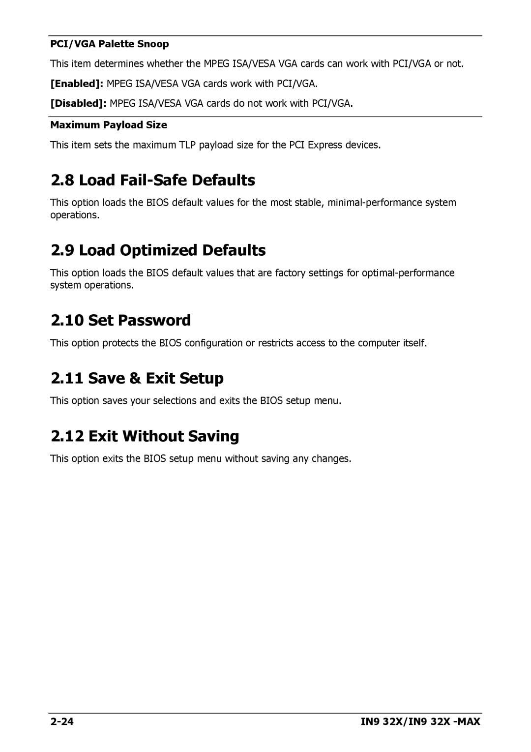 Nvidia IN9 32X-MAX Load Fail-Safe Defaults, Load Optimized Defaults, Set Password, Save & Exit Setup, Exit Without Saving 