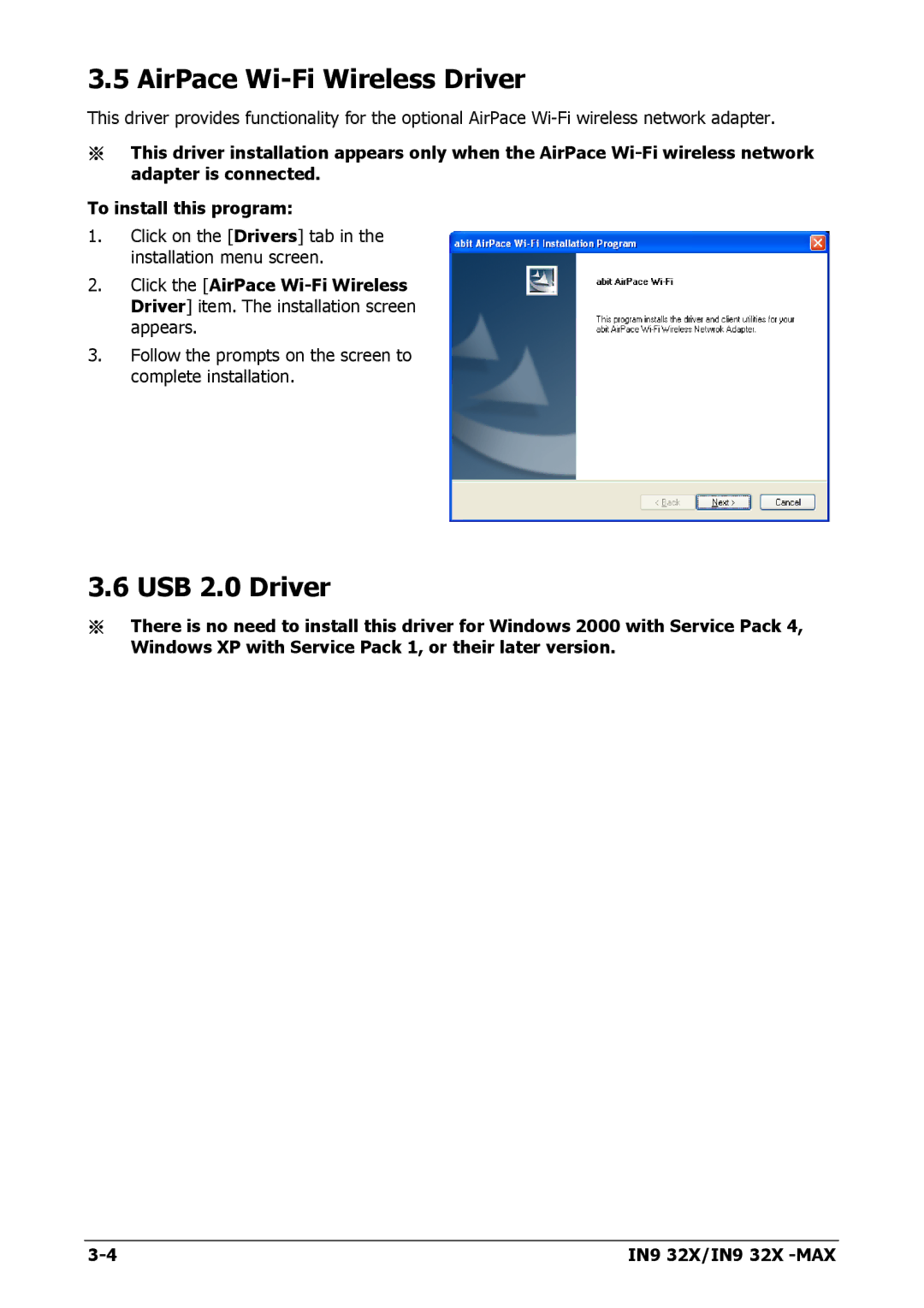 Nvidia IN9 32X-MAX user manual AirPace Wi-Fi Wireless Driver, USB 2.0 Driver 