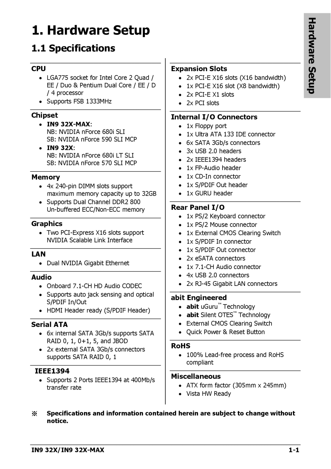 Nvidia user manual Specifications, Hardware Setup, IN9 32X-MAX 