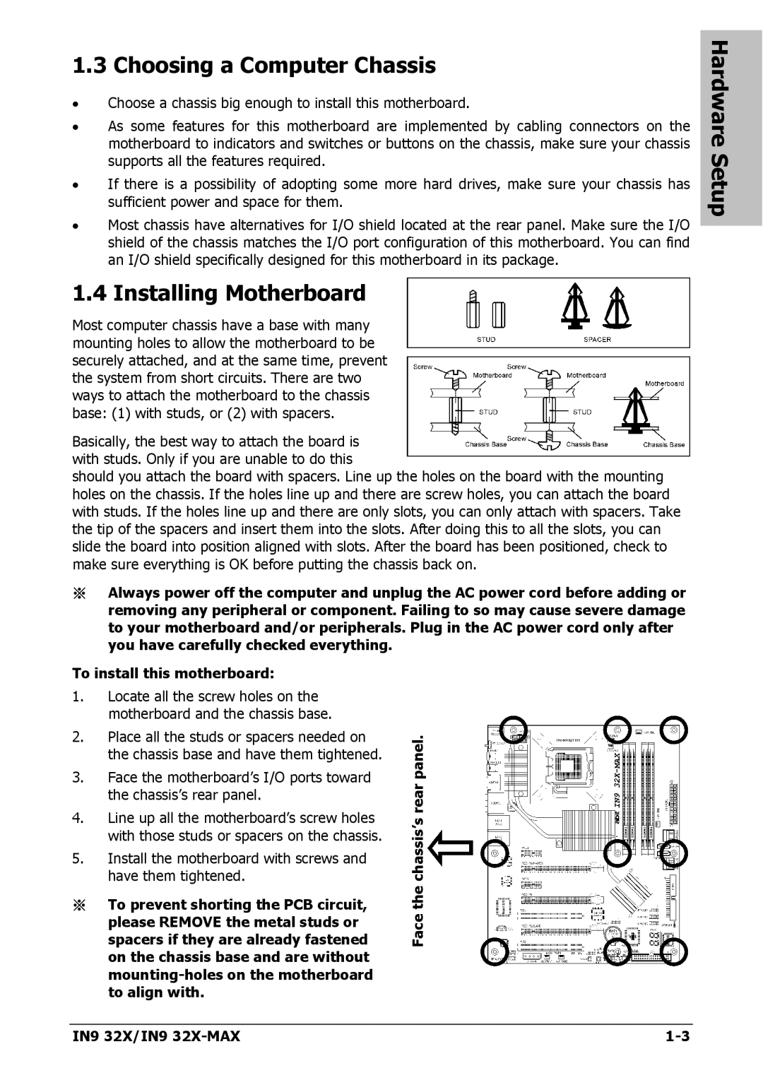 Nvidia IN9 32X user manual Choosing a Computer Chassis, Installing Motherboard, Rear, Spacers if they are already fastened 