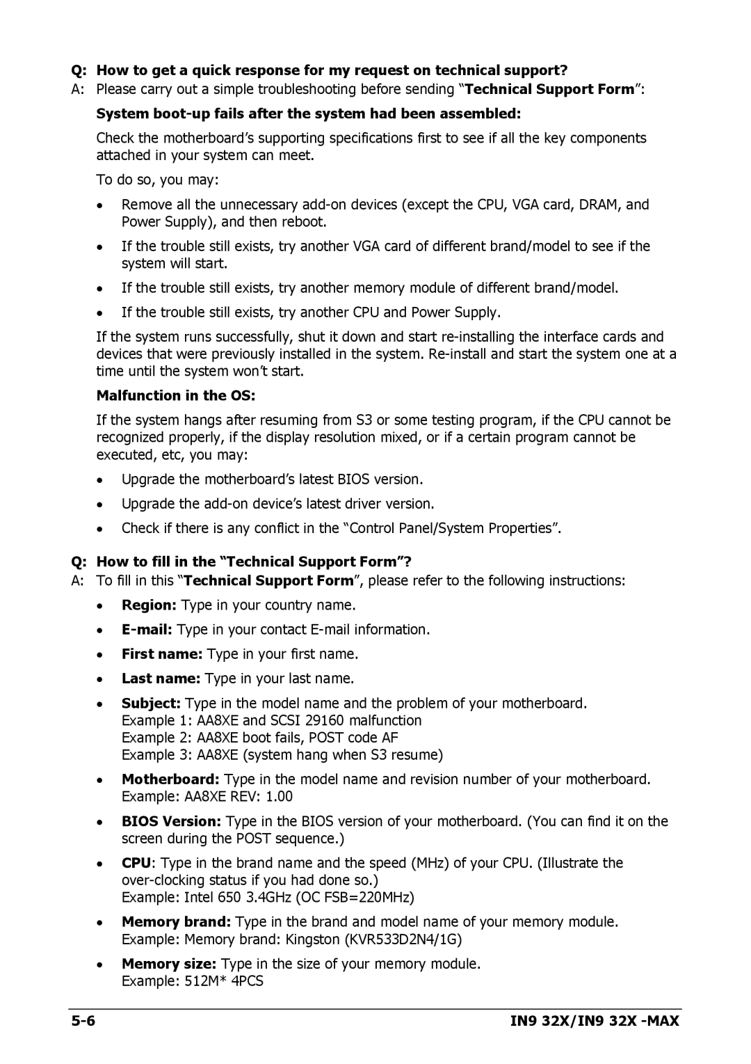 Nvidia IN9 32X-MAX user manual System boot-up fails after the system had been assembled, Malfunction in the OS 