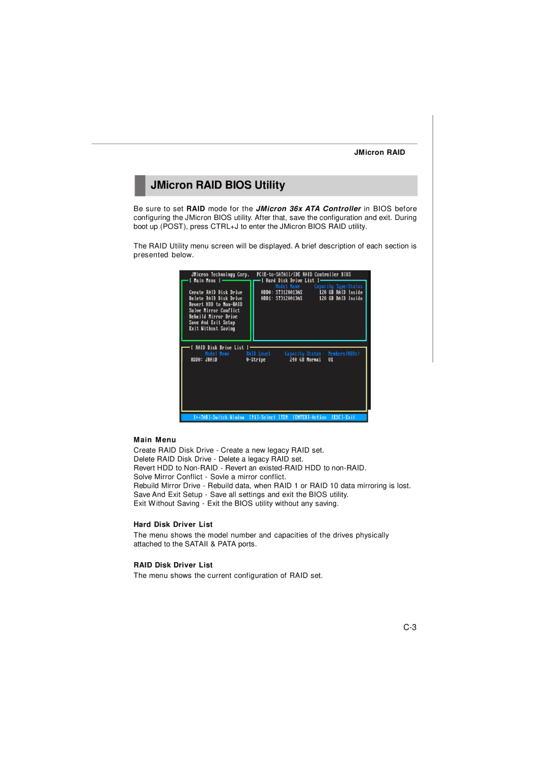 Nvidia MS-7374 manual JMicron RAID Bios Utility, Hard Disk Driver List, RAID Disk Driver List 