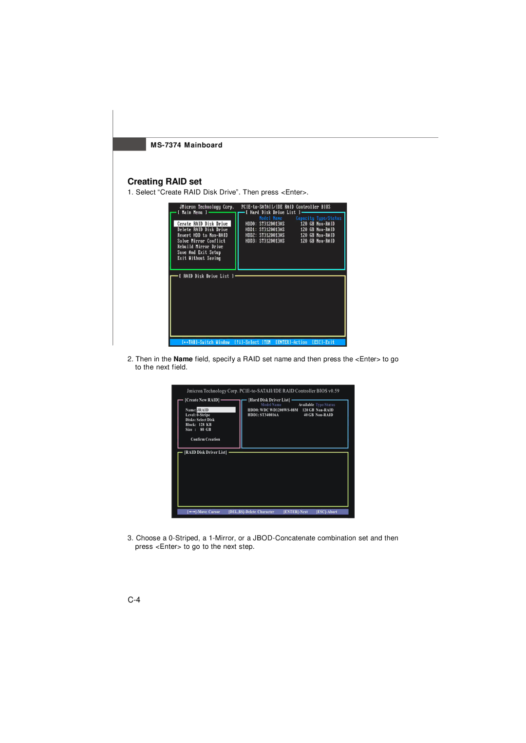 Nvidia MS-7374 manual Creating RAID set 