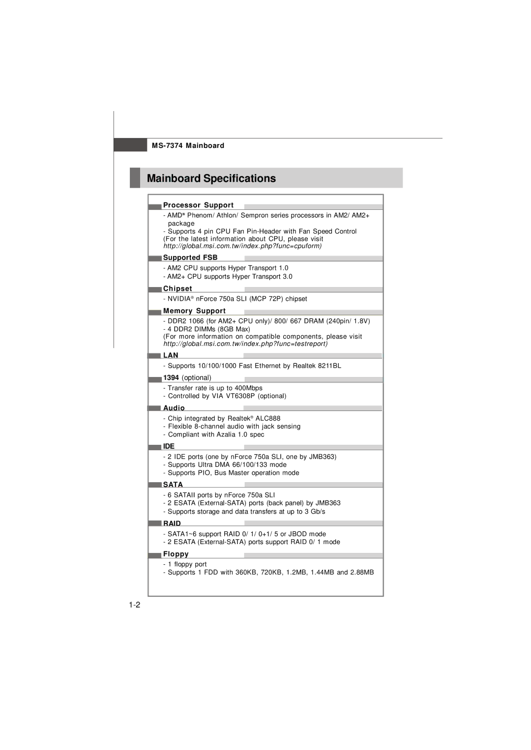 Nvidia MS-7374 manual Mainboard Specifications, Lan, Ide, Sata, Raid 